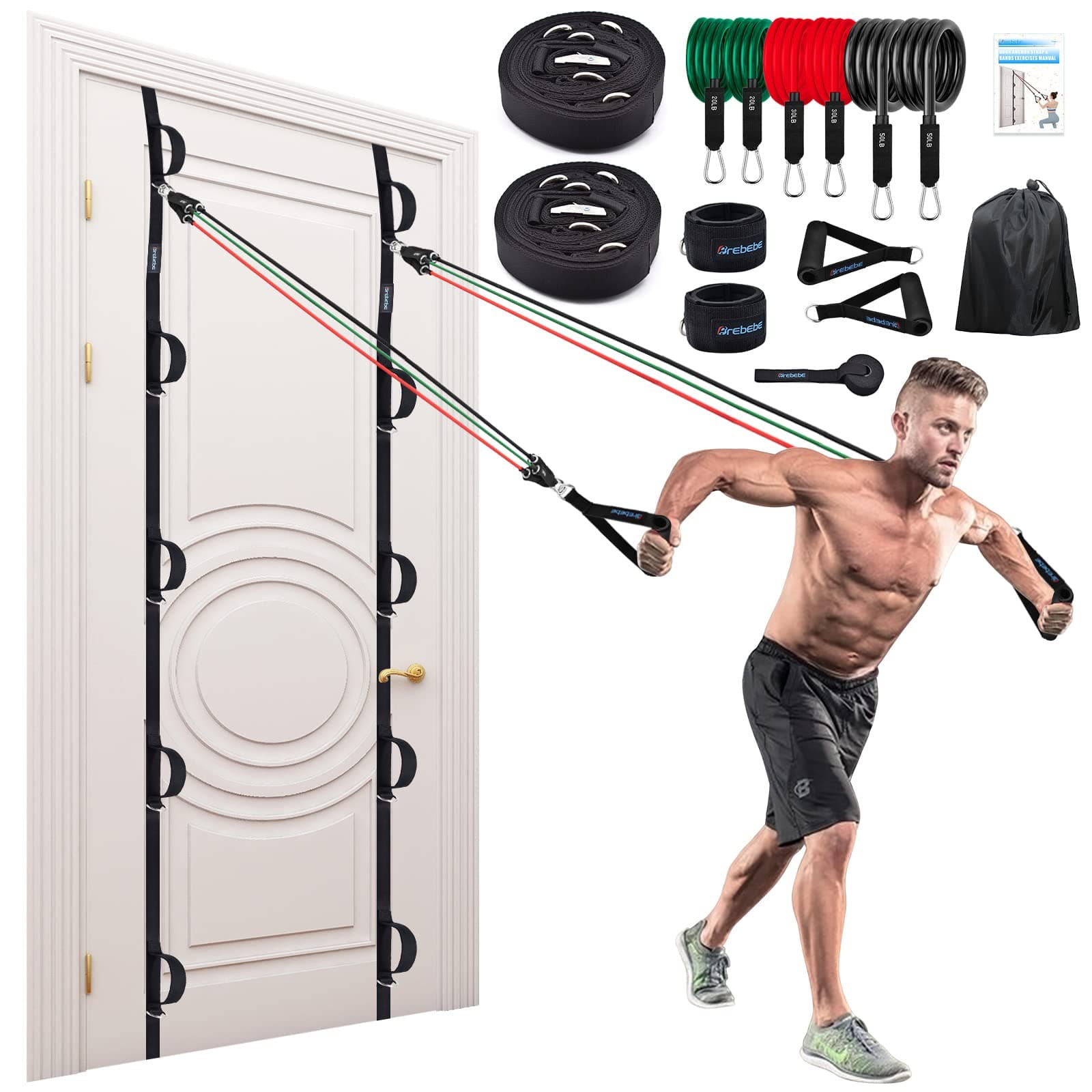 Brebebe Door Anchor Strap for Resistance Bands Exercises, Multi Point Anchor Gym Attachment for Home Fitness, Portable Door Band Resistance Workout Equipment, Easy to Install, Punch-Free, Nail-Free