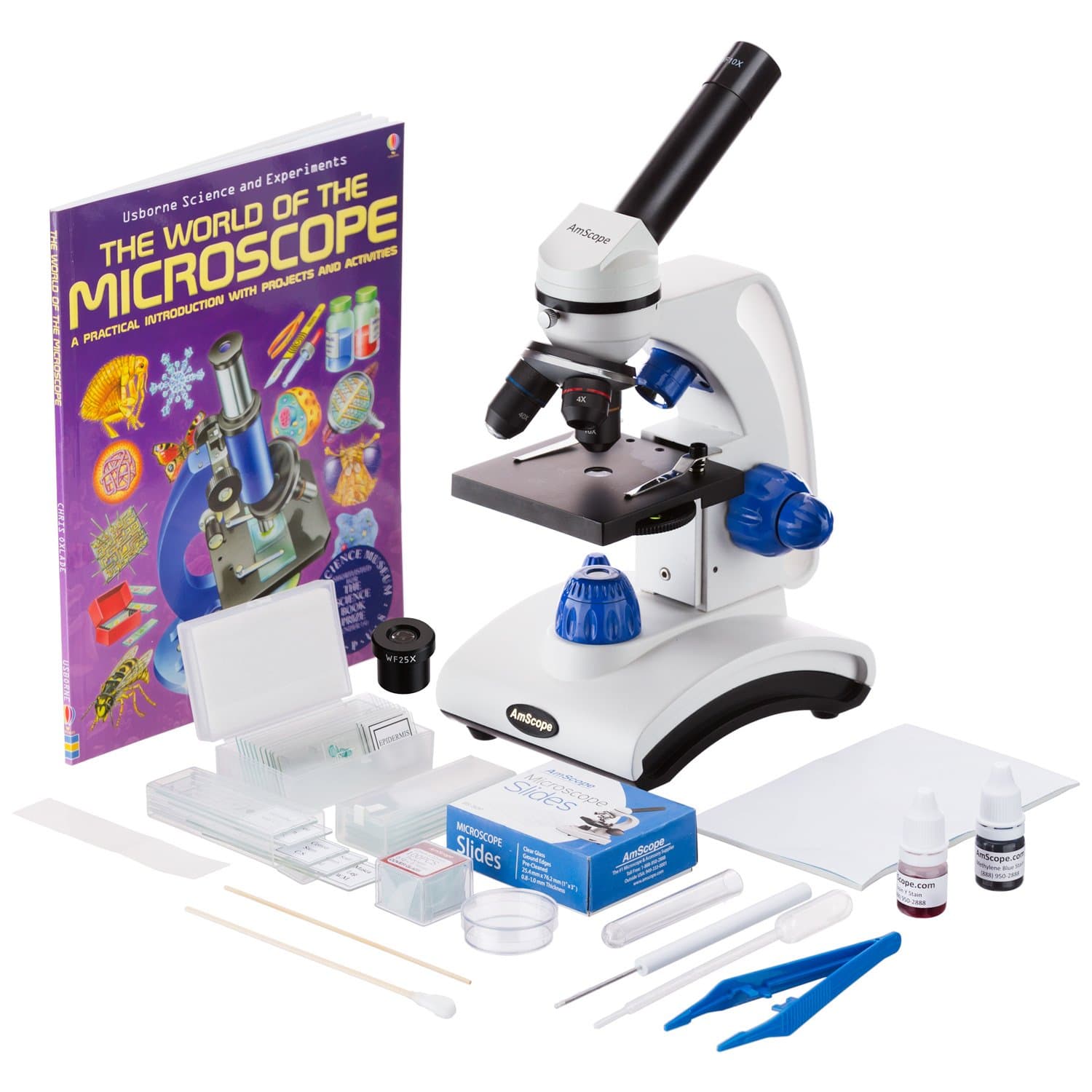 AmScope M162C-2L-PB10-WM-SP14-50P100S 40X-1000X Beginners Microscope Kit for Kids & Students Complete Science Accessory Kit + World of The Microscope Book