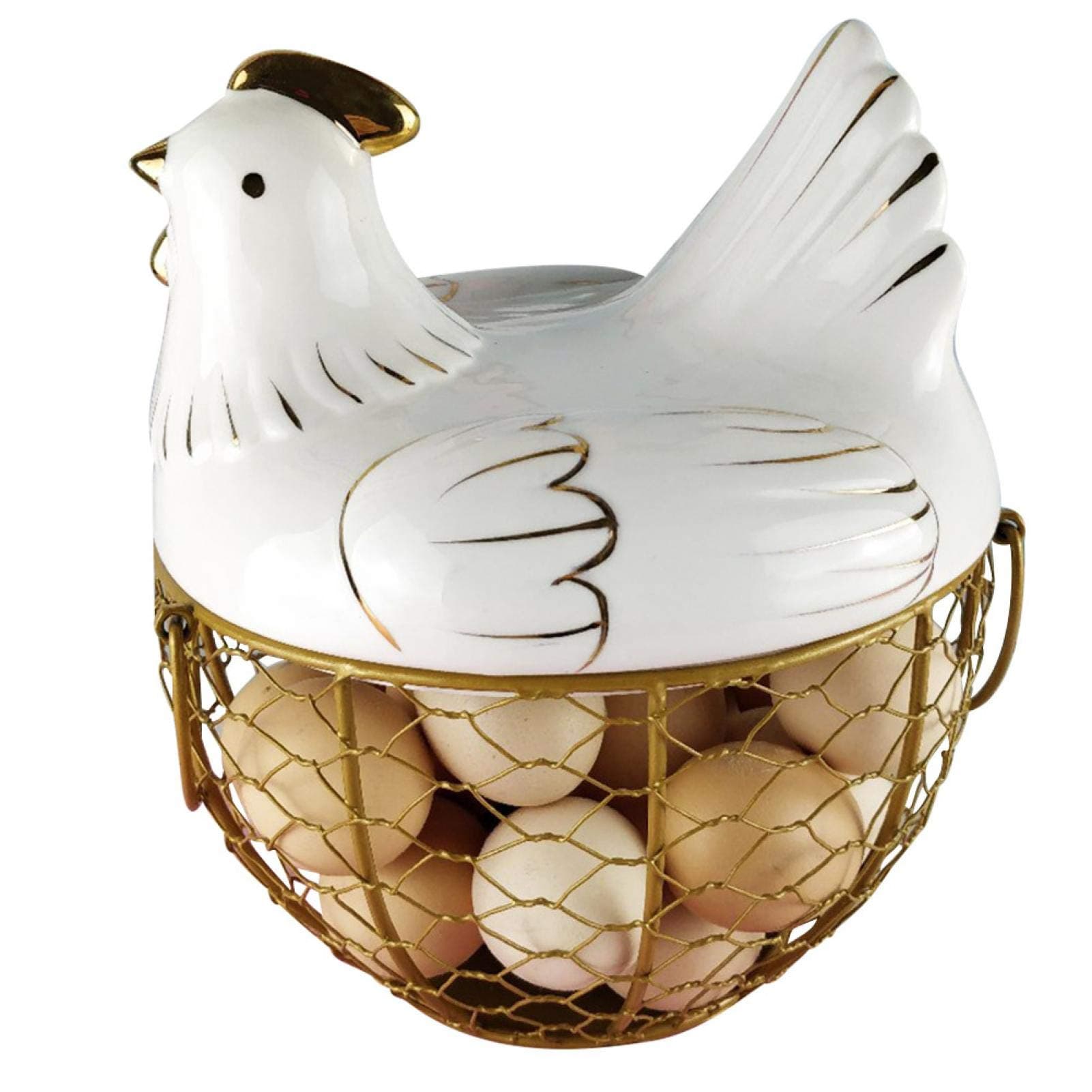 Ceramic Chicken Shape Egg Storage Basket - Large Capacity Wire Holder With Lid, Stainless Steel Organizer for Kitchen Storage Decoration (White)