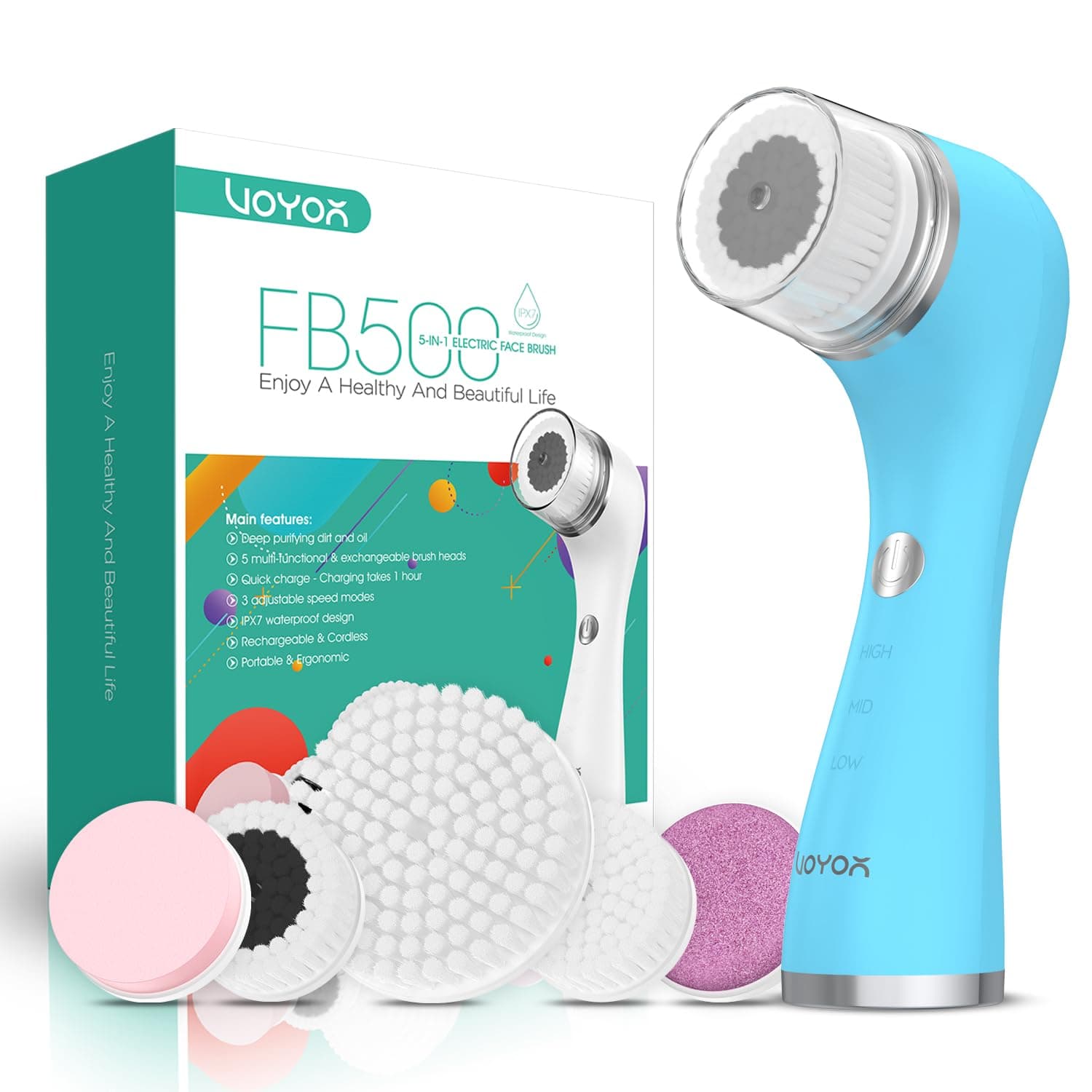 VOYOR Facial Cleansing Brush, Rechargeable Electric Face Cleanser Brush with 5 Brush Heads for Exfoliating, Removing Blackhead and Massaging IPX7 Waterproof FB500 (Blue)