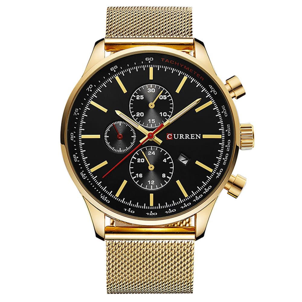 CURRENWatches Mens Luxury Stainless Steel Quartz Watch Men Casual Waterproof Clock Date Sport Wristwatch (Gold Black)