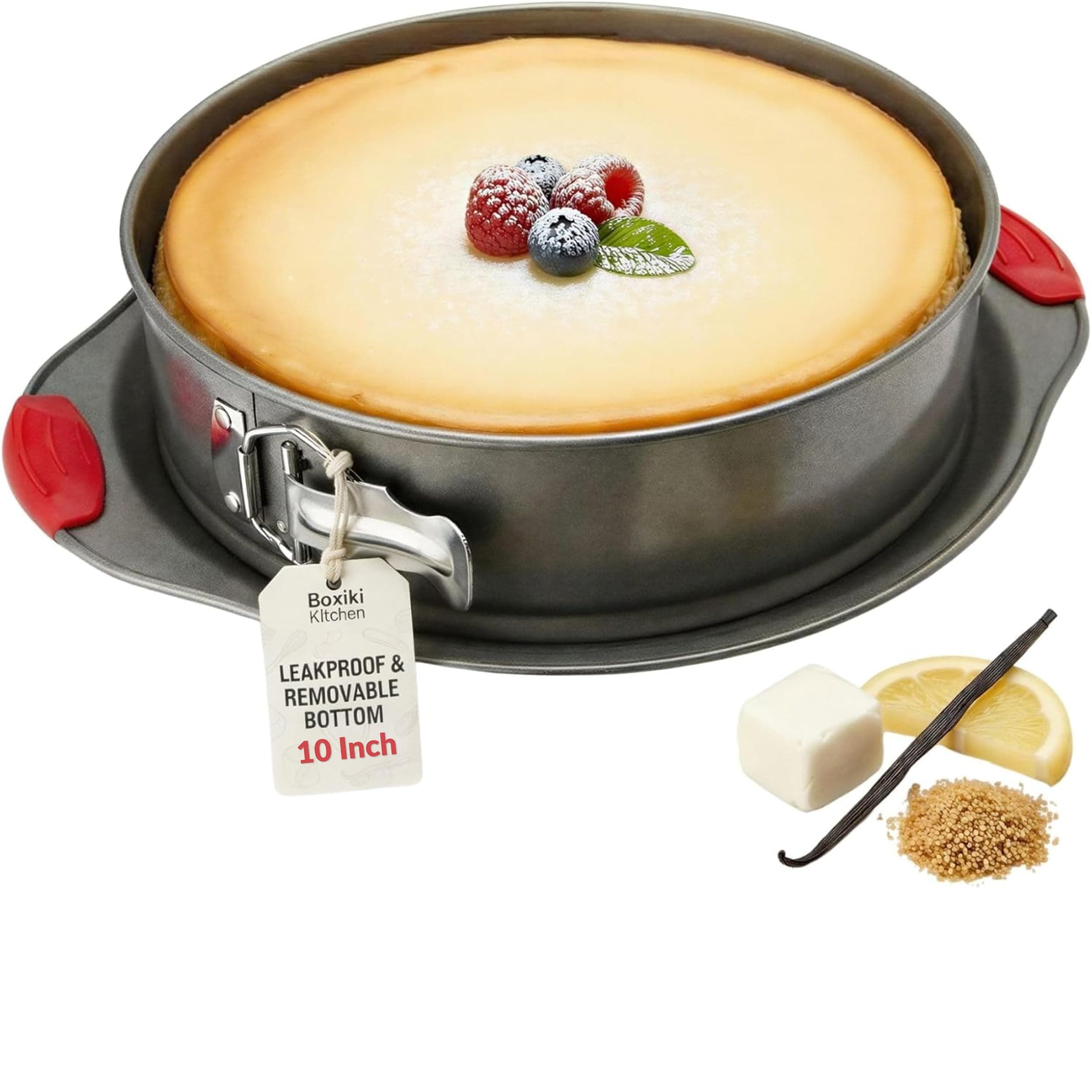 - Boxiki Kitchen 10 Inch Nonstick Springform Pan, Professional Spring Form and Cheesecake Baking Mold, Leakproof Cake Pan with Silicone Handles