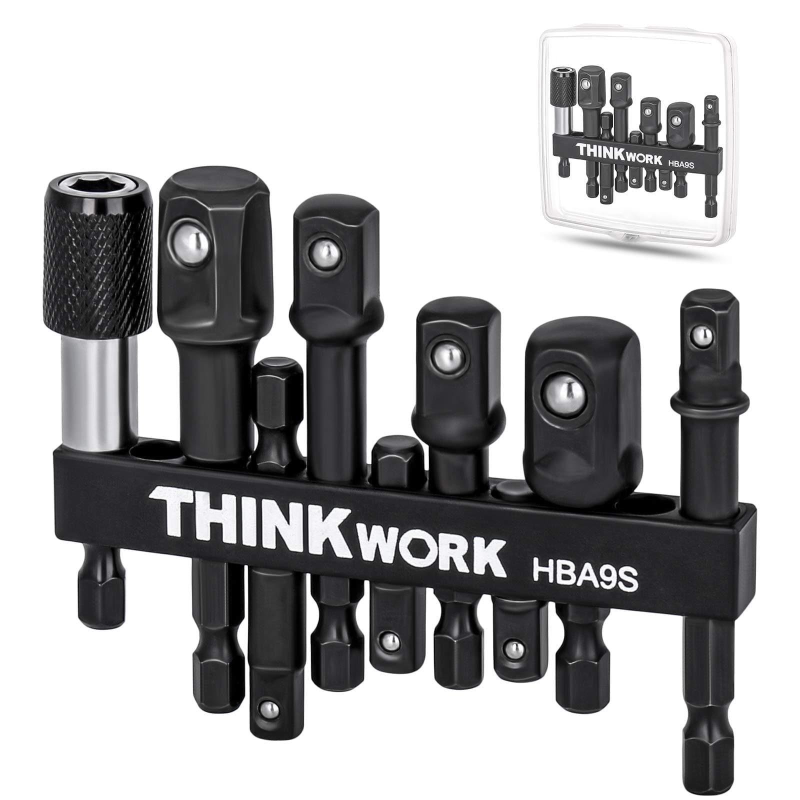 THINKWORK Impact Grade Socket Adapter Set, 9Pcs Drill Bit Extension Set with Holder and Storage Case