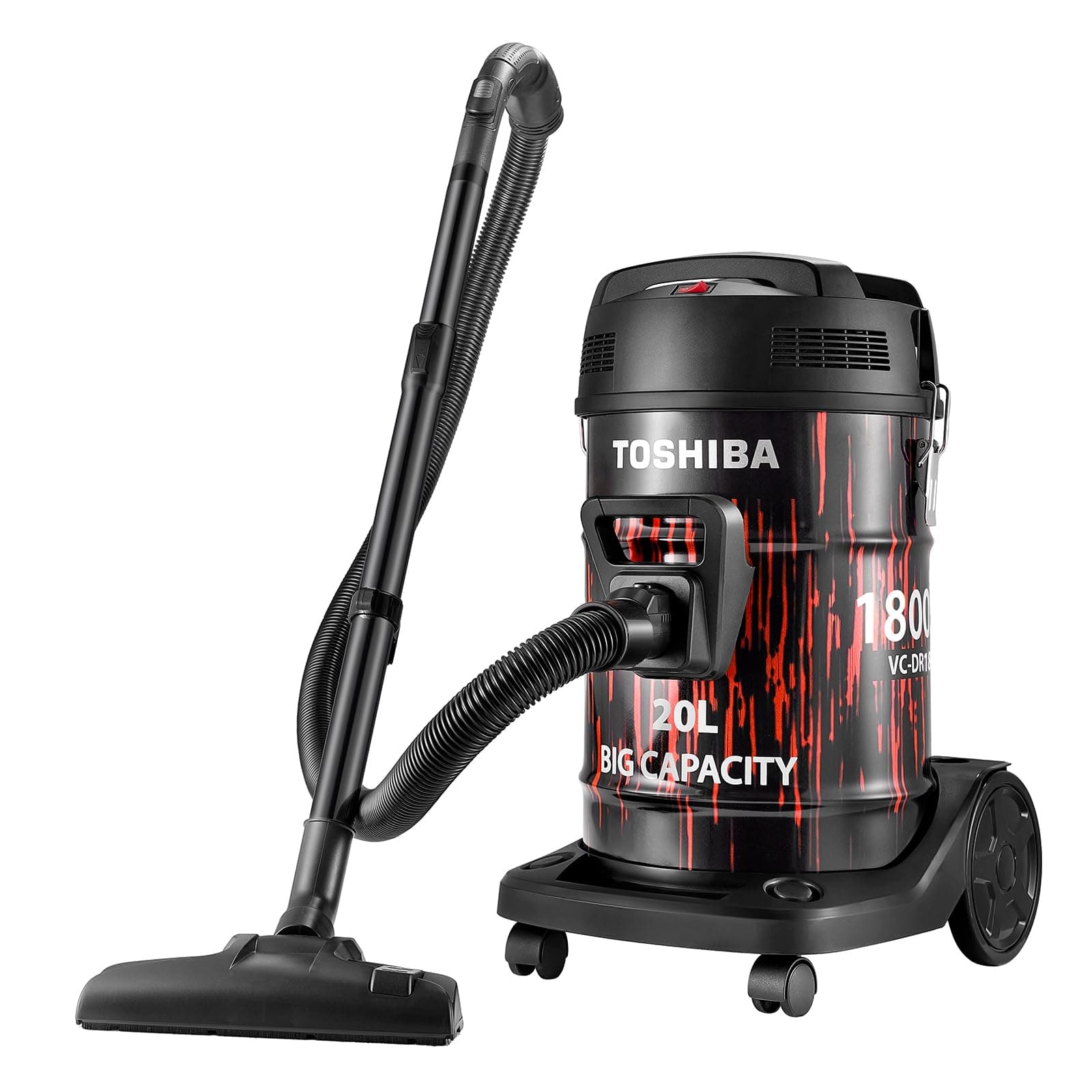Drum Type Vacuum Cleaner, 20000Pa Suction 1800 Watts 20 Liters Push Handle & Big Wheels Blowing Function, Ideal for Home & Car Interior Cleaning, Red/Black, VC-DR180ABF(R)