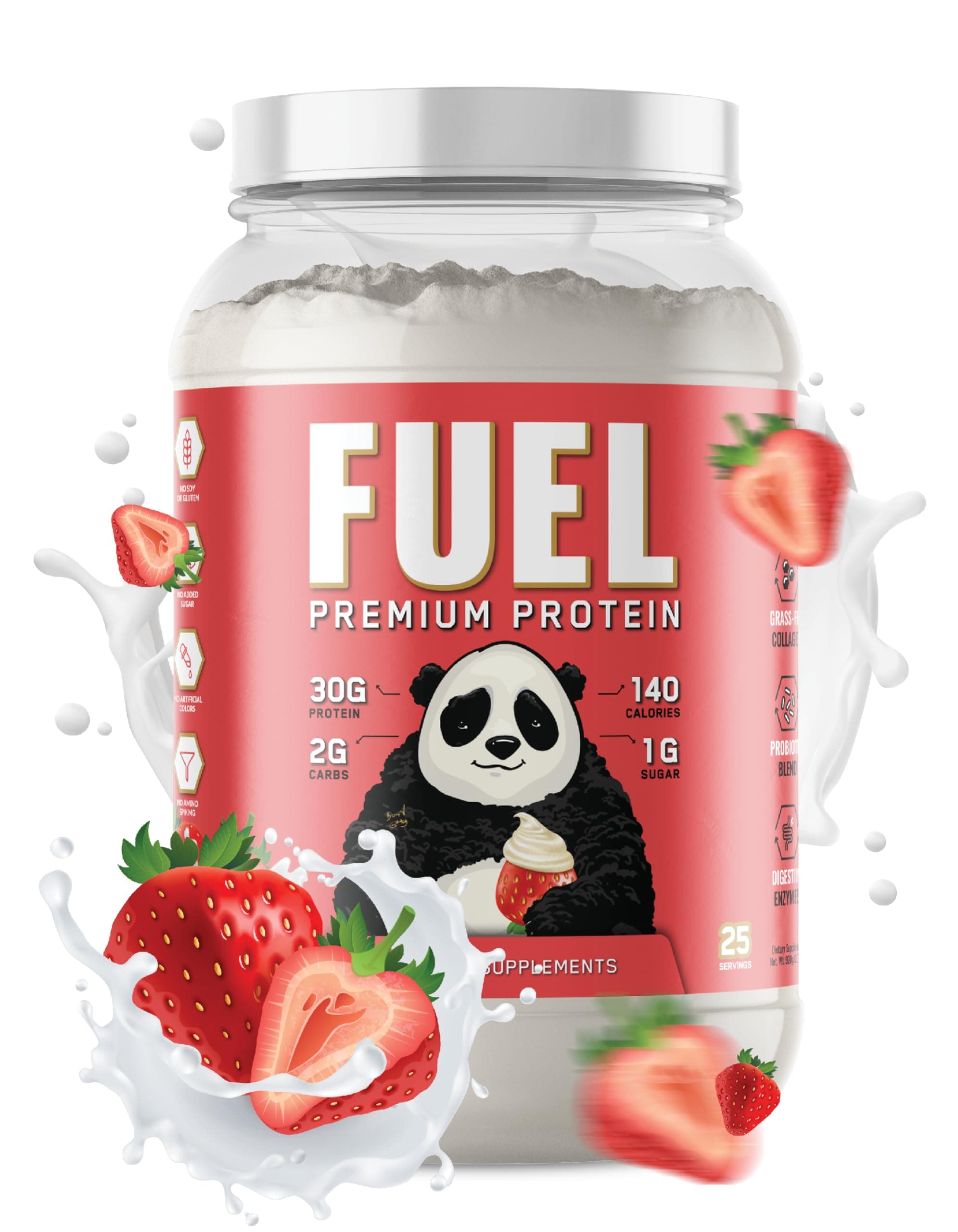 Panda Fuel Premium Protein Whey,Hydrolyzed Collagen,Casein,Probiotics, Enzymes, Keto Friendly,Time Release, 25 Servings (2.5 Pound, Strawberries & Cream)