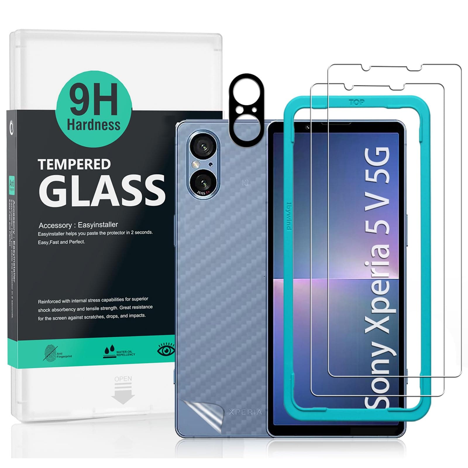 Screen Protector 2 Pack Sony Xperia 5V 5G 6.1 inch (Not for Sony Xperia 5/5 II/5 III/5 IV), 9H Hardness Tempered Glass, 1 x Camera Lens Protector, 1 x Back Carbon Fiber Film, Anti-Scratch