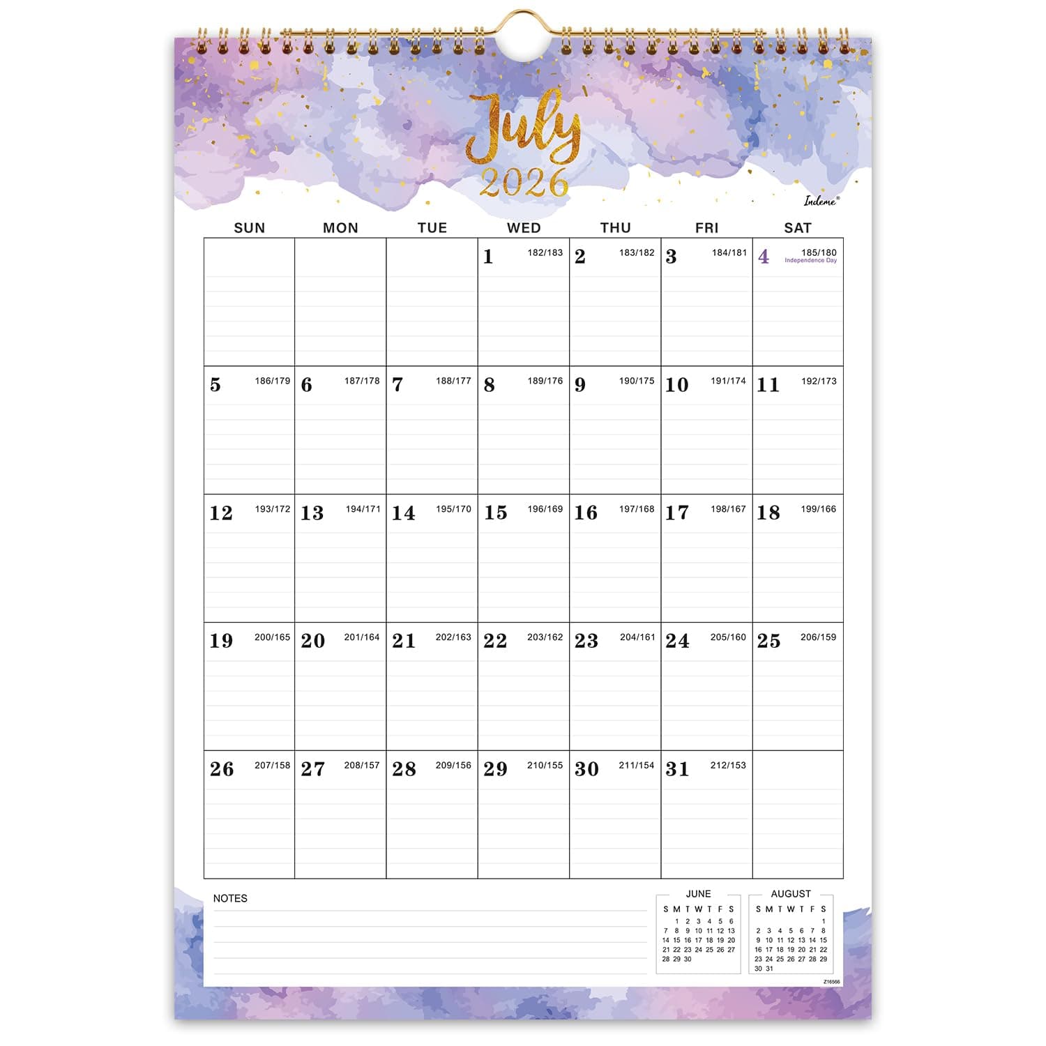 Calendar 2026-2027 - July 2026 - June 2027, Wall Calendar 2026-2027, 12" x 17", 18 Months Calendar, Twin-Wire Binding, Hanging Hook, Blocks and Julian Dates - Colorful Waterink