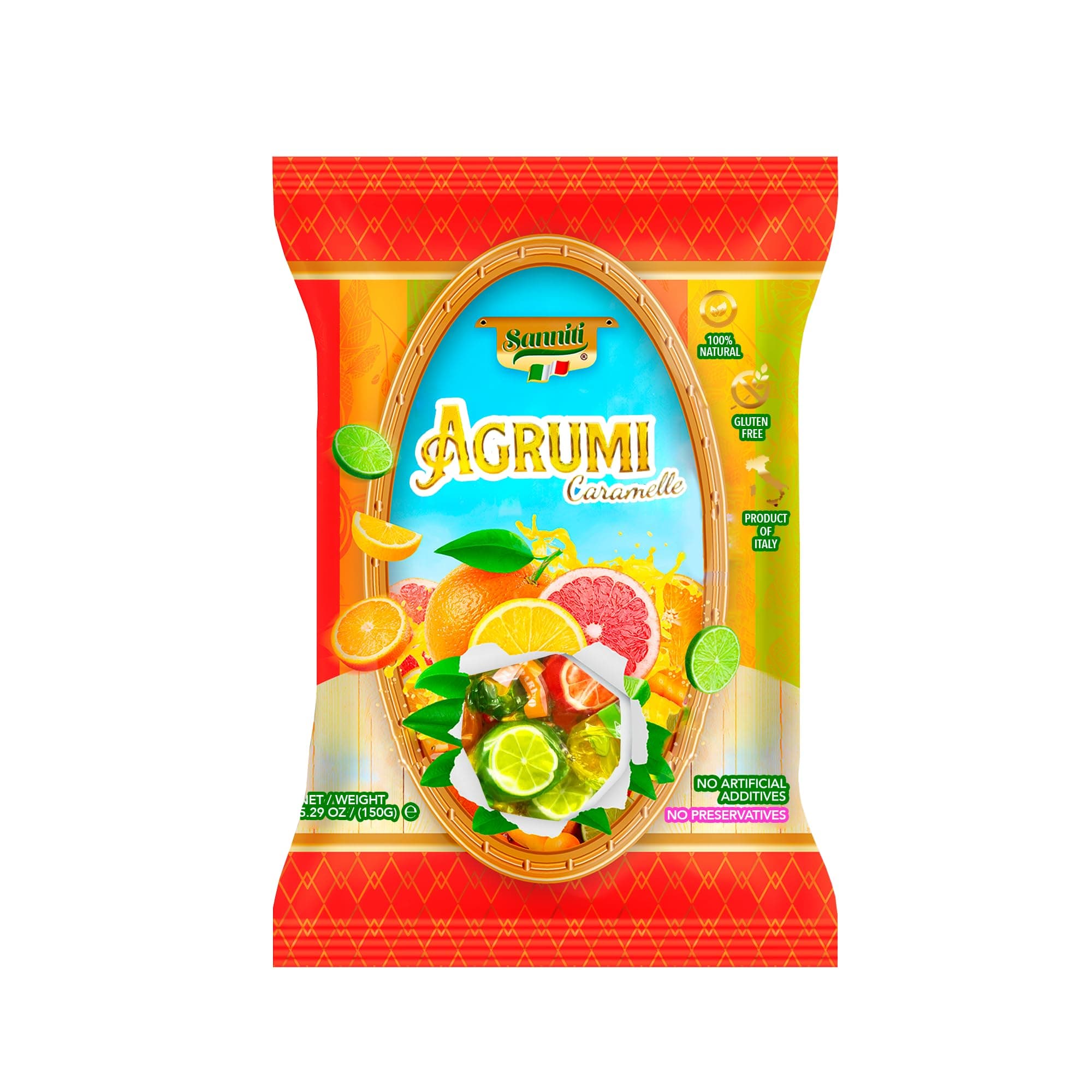 Sanniti Italian Hard Candy Caramelle | Gluten Free, No Preservatives | Product of Italy, 5.29 oz Bag (150 Grams, Agrumi)
