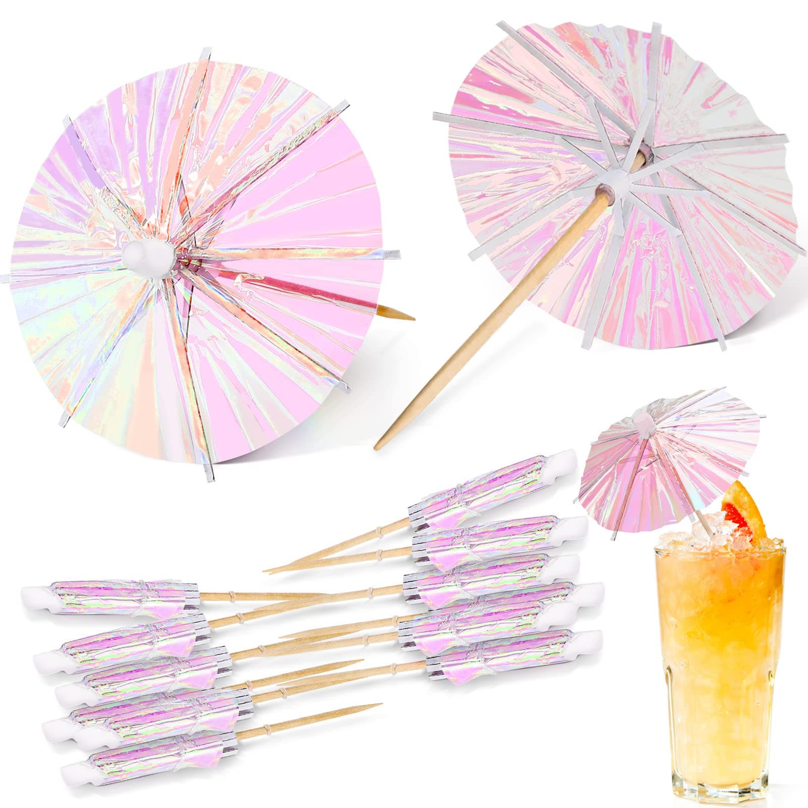 50 Pieces Drink Umbrellas Cocktail Picks Parasol Cocktail Umbrellas Sticks with Wood Toothpicks for Summer Rainbow Lemon Cupcake Toppers Umbrella Handmade Sticks Summer Hawaiian Party (Fluorescent)