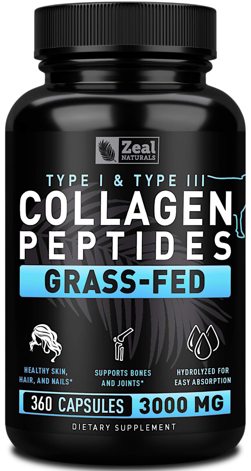 Collagen Peptides Capsules 360 Count - Grass Fed Bovine Hydrolyzed Collagen Pills - Hair, Skin & Nails, Joint Support - Collagen Supplements for Women & Men