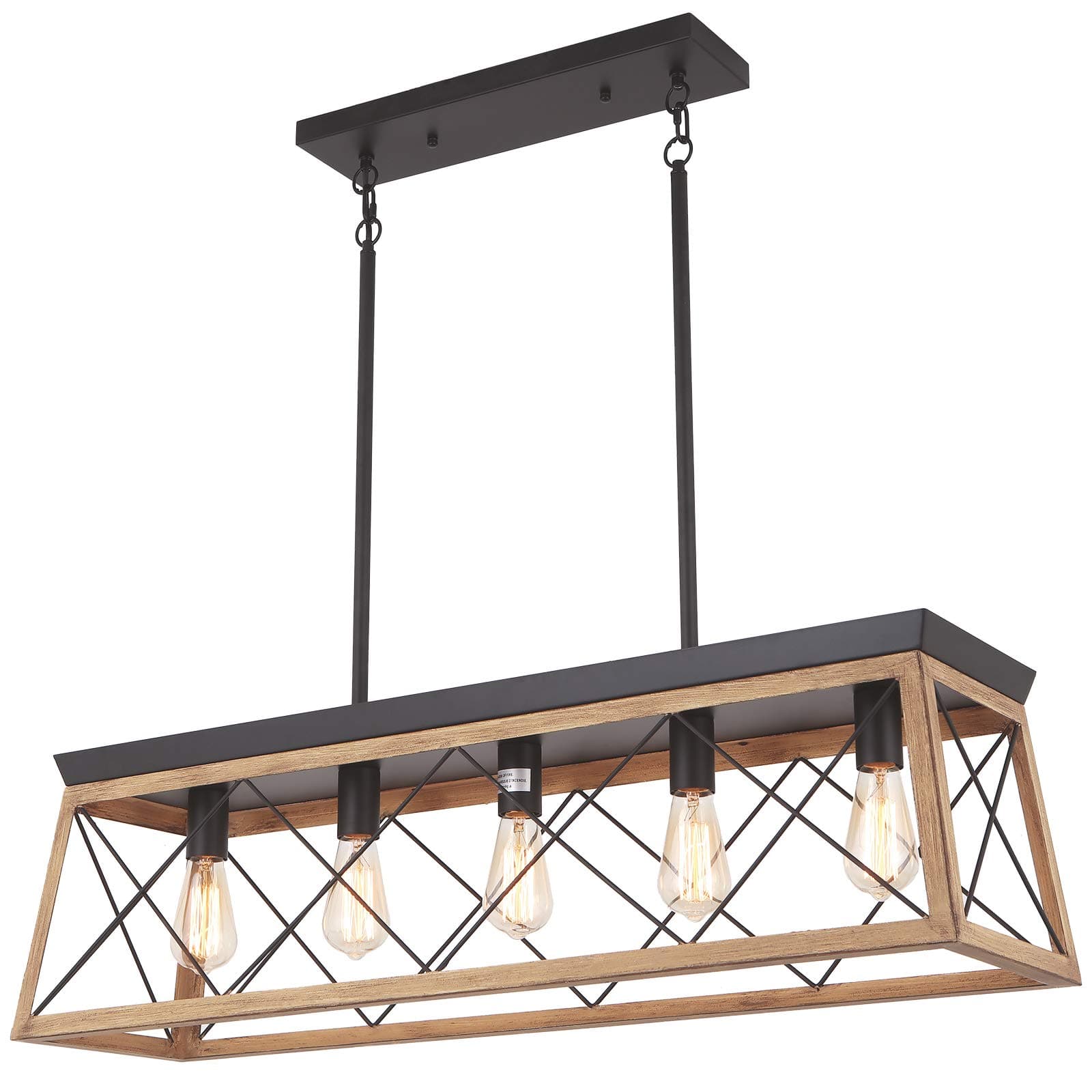 Merbotin Farmhouse Kitchen Island Light, 5-Light Distressed Wood Finish Rustic Dining Table Chandelier Ceiling Light Hanging for Dining Room, Kitchen Island - Grain Brown Wood Finished