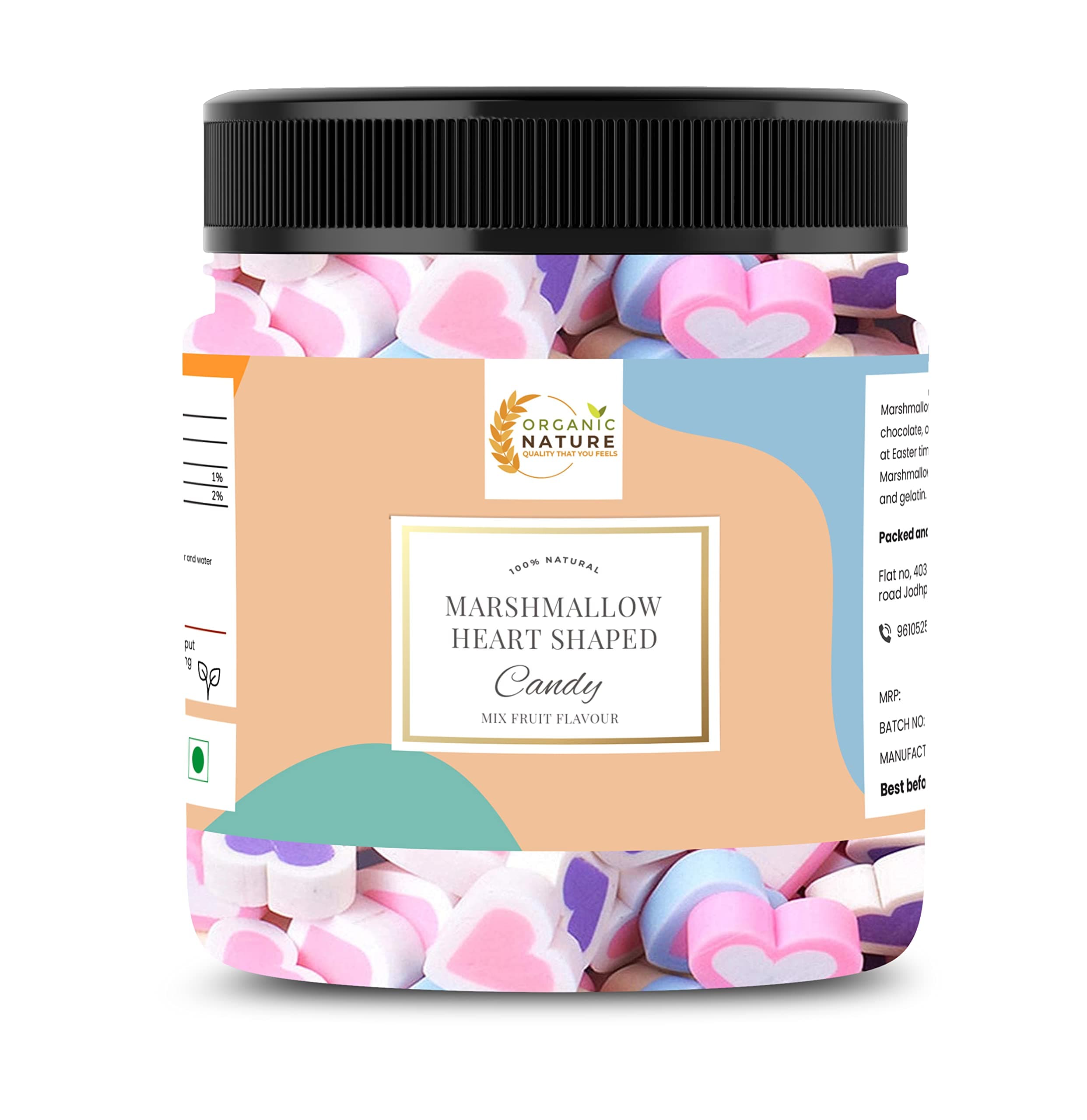 Organic Nature Marshmallows Pure Vegan 100 Pieces Strawberry Vanilla Assorted Fruit Flavours Vegetarian Marshmallow Candy Marshmallow Candy Marshmallows Pure Veg [Jar Pack]