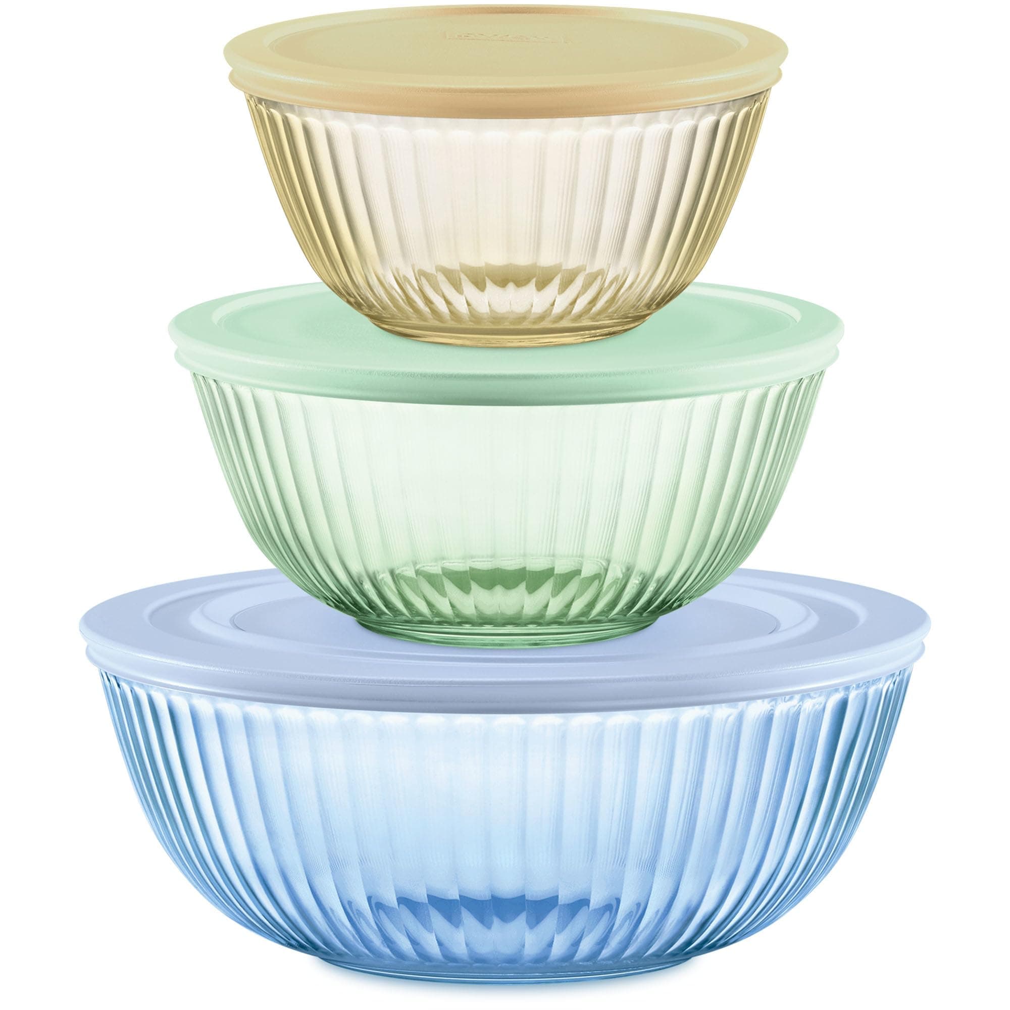 Pyrex Sculpted Tinted 6-PC Full Set, Small/Medium/Large Glass Mixing Bowls With Lids, Nesting Space Saving Set of Bowls For Prepping and Baking, 1.3QT, 2.3QT & 4.5QT