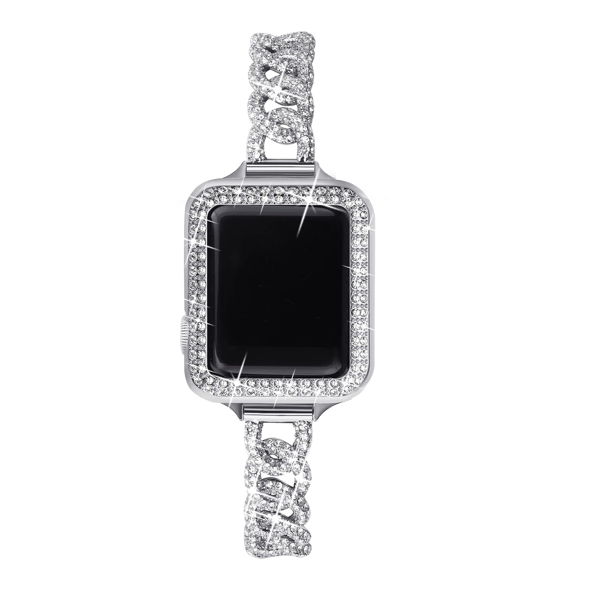PlusRoc Bling Band and Case Compatible with Apple Watch Band 38mm 40mm 41mm iWatch SE Series 7 6 5 4 3 2 1, Dressy Chain Links with Diamonds Jewelry Metal Bracelet for Women