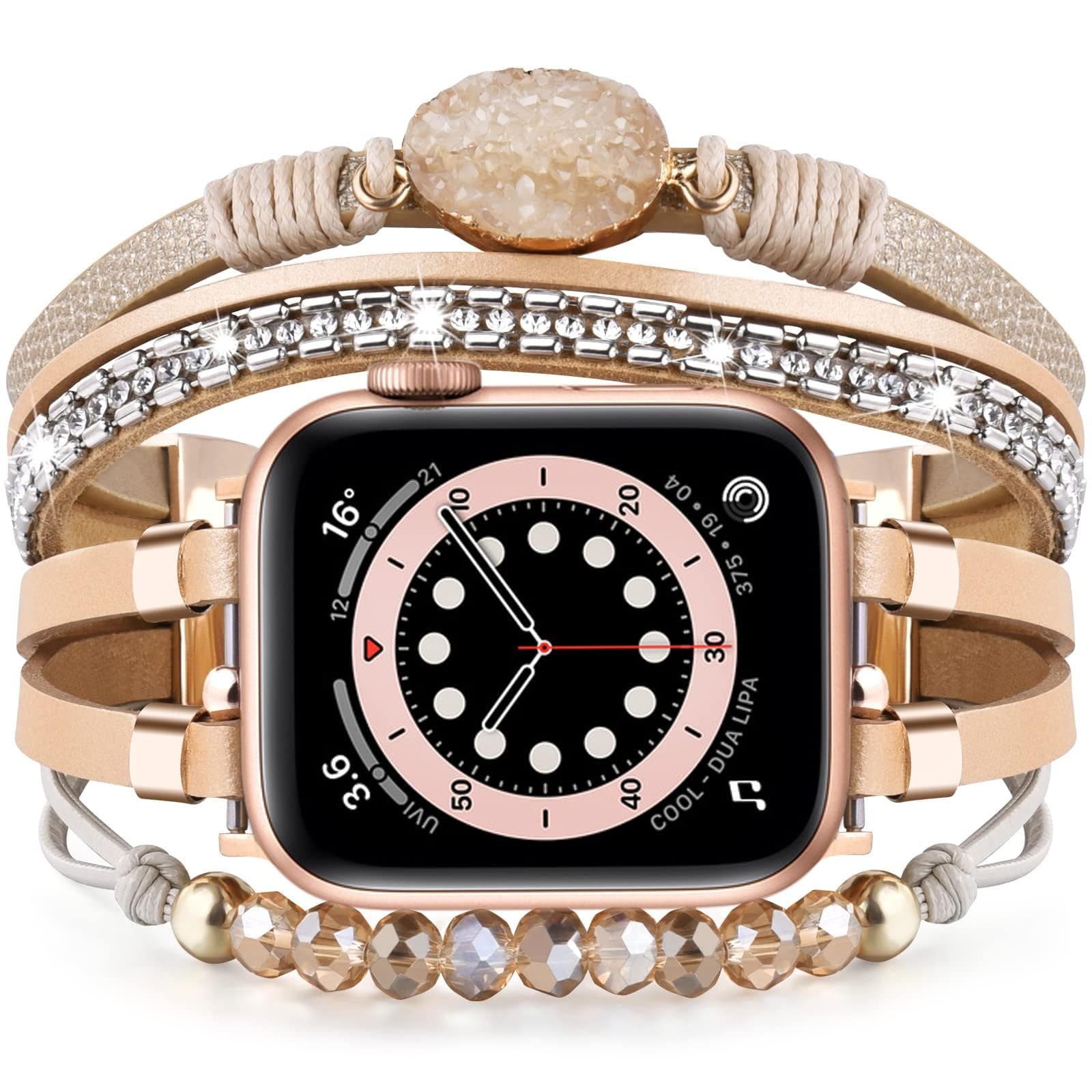 VISOOM Beaded Boho Leather Strap Compatible for Apple Watch Bands 38mm/40mm/41mm/42mm(Series 10) Women Elegant Cute Multilayer Wrap for iWatch 9/8/7/SE/6/5/4/3/2/1 Replacement,Kahki