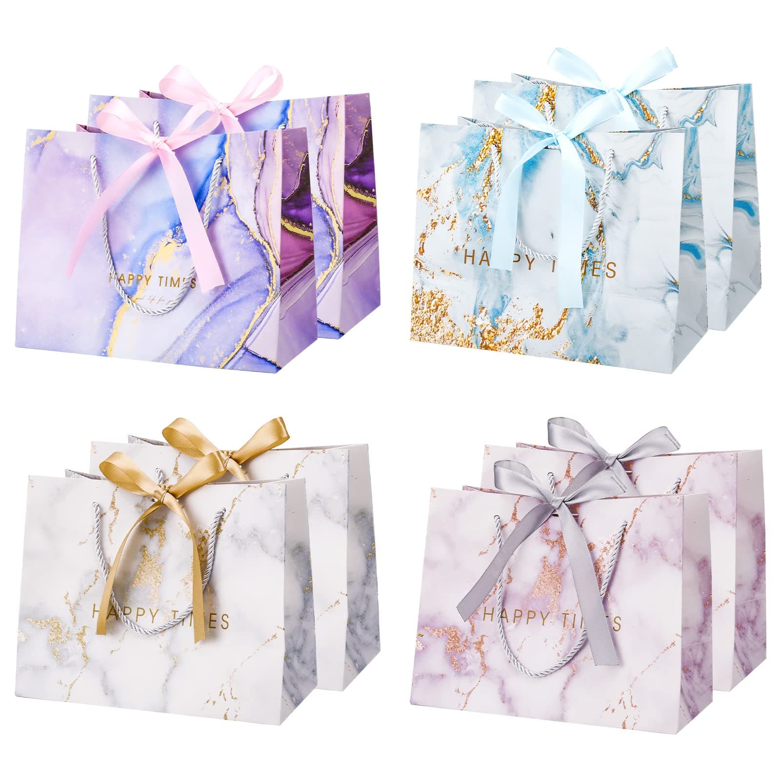 Fuyamp 8 Pcs Gift Bags, Medium Gift Bags for Presents, Elegant Wrapping Gift Bags with Bow and Ribbon for Men Women Birthday, Wedding, Baby Shower, Teacher’s Day Marble Style (Multicolor)