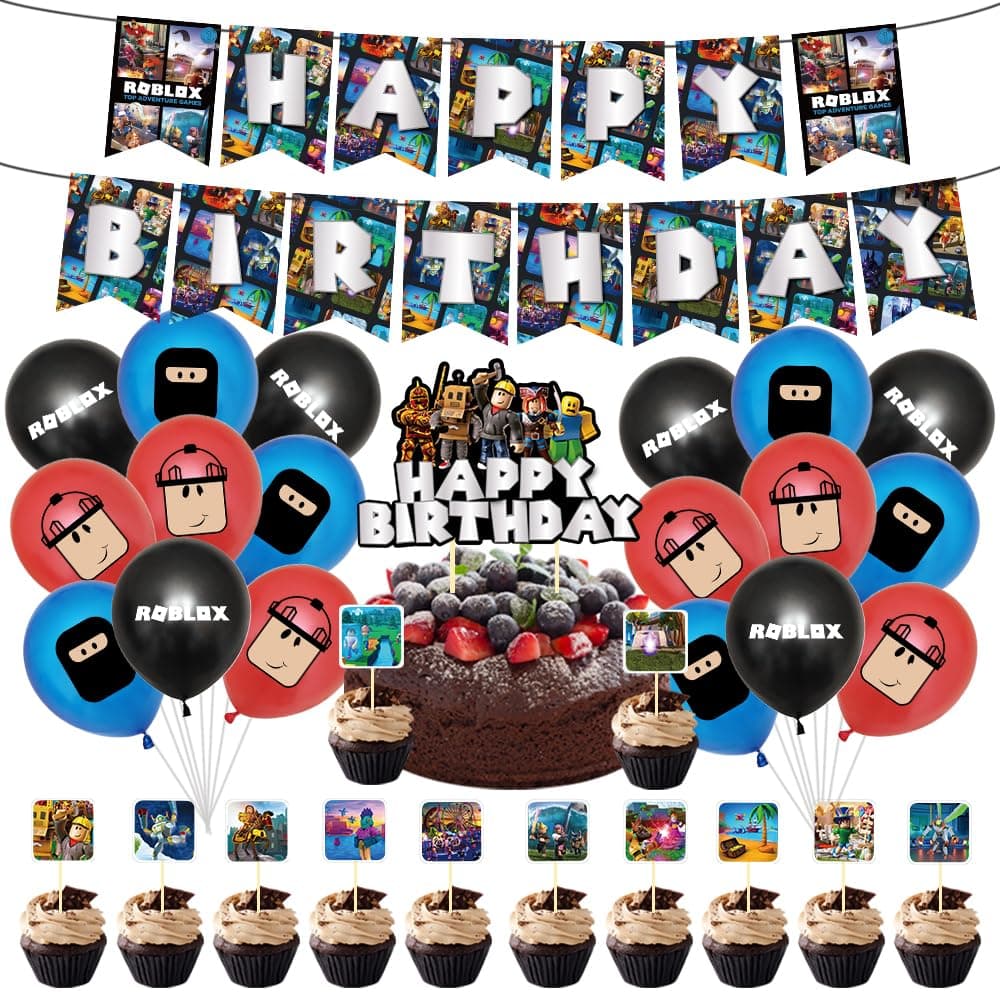 Roblox Birthday Party Decorations Supplies: Banner, Balloons, Ribbon, Cake Toppers, Cupcake Toppers, Cake Decorations