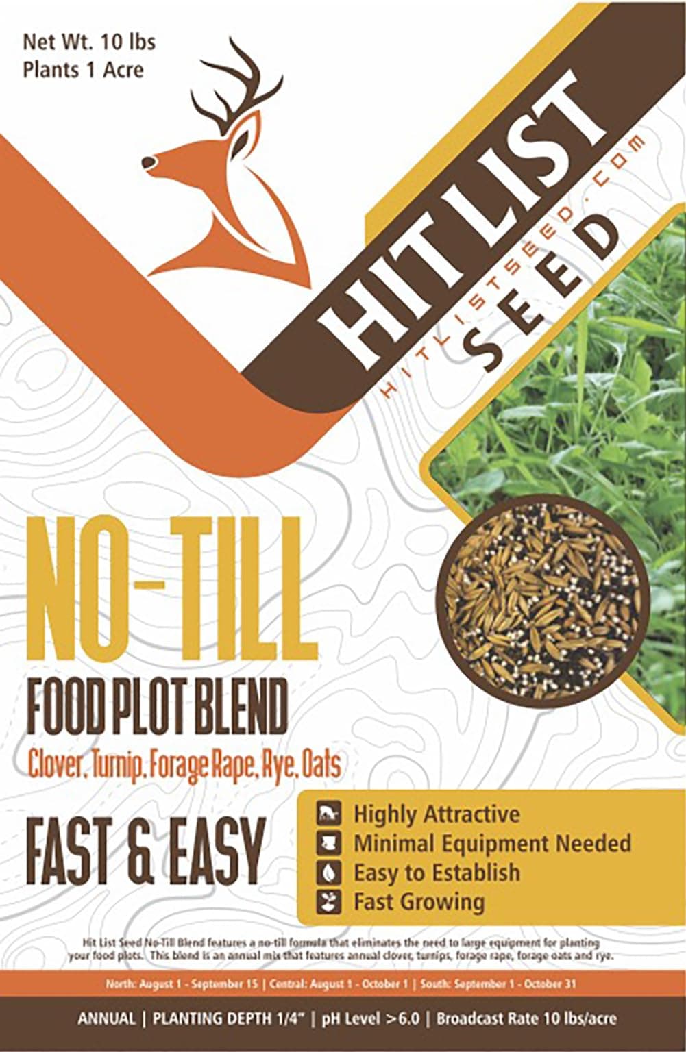 No Till Annual Mix - Throw and Grow Clover, Rye, Turnip, Brassica, Oats - No Plow Food Plot Seed for Deer - 10 lbs