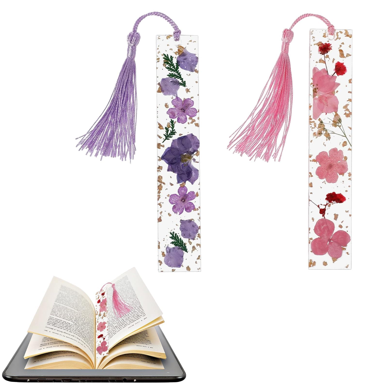 Nuqin Bookmarks for Women with Tassels 2Pcs Epoxy Resin Dried Brightly Colour Real Flower Book Mark Pressed Flower Bookmark for Women Kids Book Lovers Holiday Gift