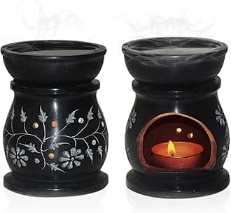 Handcrafted Soapstone Aroma Burner Oil Diffuser and 1 Tea Light Candle (Black)