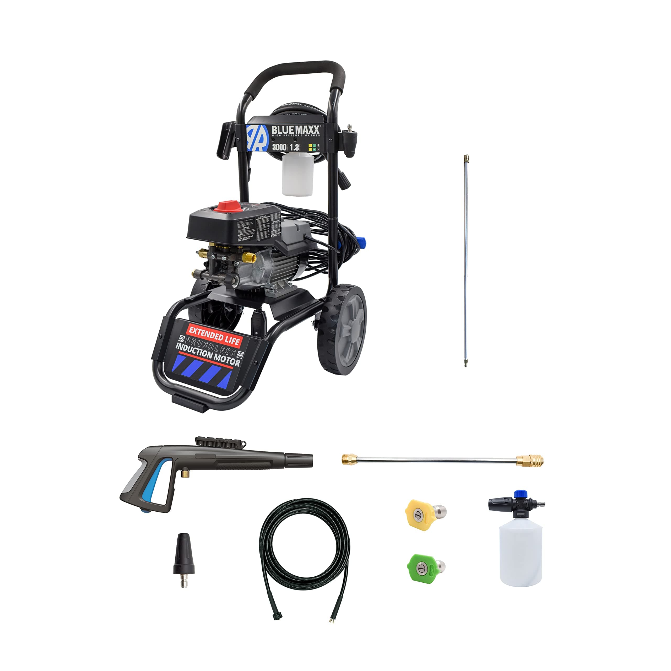 MAXX3000-BNDLNC, Includes MAXX 3000 Electric Pressure Washer with 12' Quick Connect Extension Lance. 3000 PSI, 1.3 GPM, Easy Quick Connection Lance, Trigger Gun, 25' Hose, 61 lbs