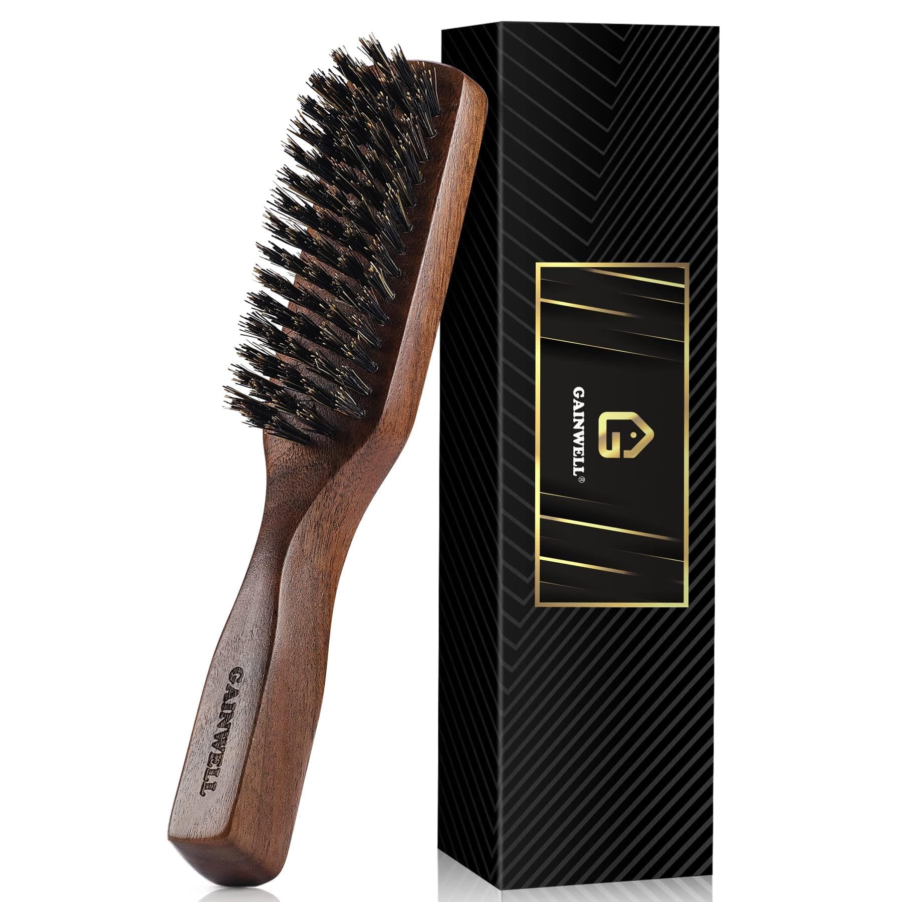 GAINWELL Mens Wild Boar Bristle Hair Brush for Men, Slick Back Hair Brush with Stiff Bristles for Thick Hair, Beard Brush Natural Black Walnut Wooden Handle Hairbrush