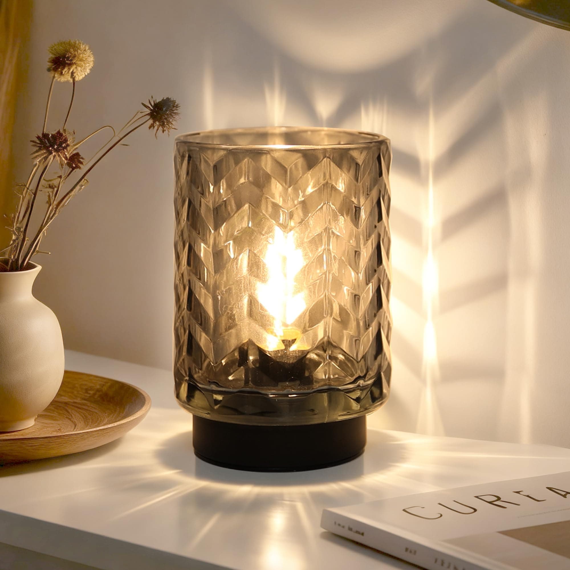 LUSHARBOR Battery Operated Lamp with Timer, Small Table Lamp for Office Desk Decor, Glass Cordless Lamp Bedside Cozy Light for Living Room Aesthetic, Entryway Wave Design-Grey