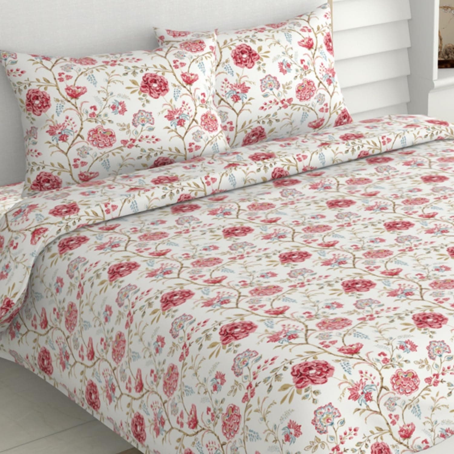 100% Cotton Bed Sheet for King Size Bed, 1 King Size Bedsheet Cotton (108 x 108 Inches) with 2 Pillow Covers | 186 TC Bedsheet for Double Bed King Size Modern Heritage (Red)