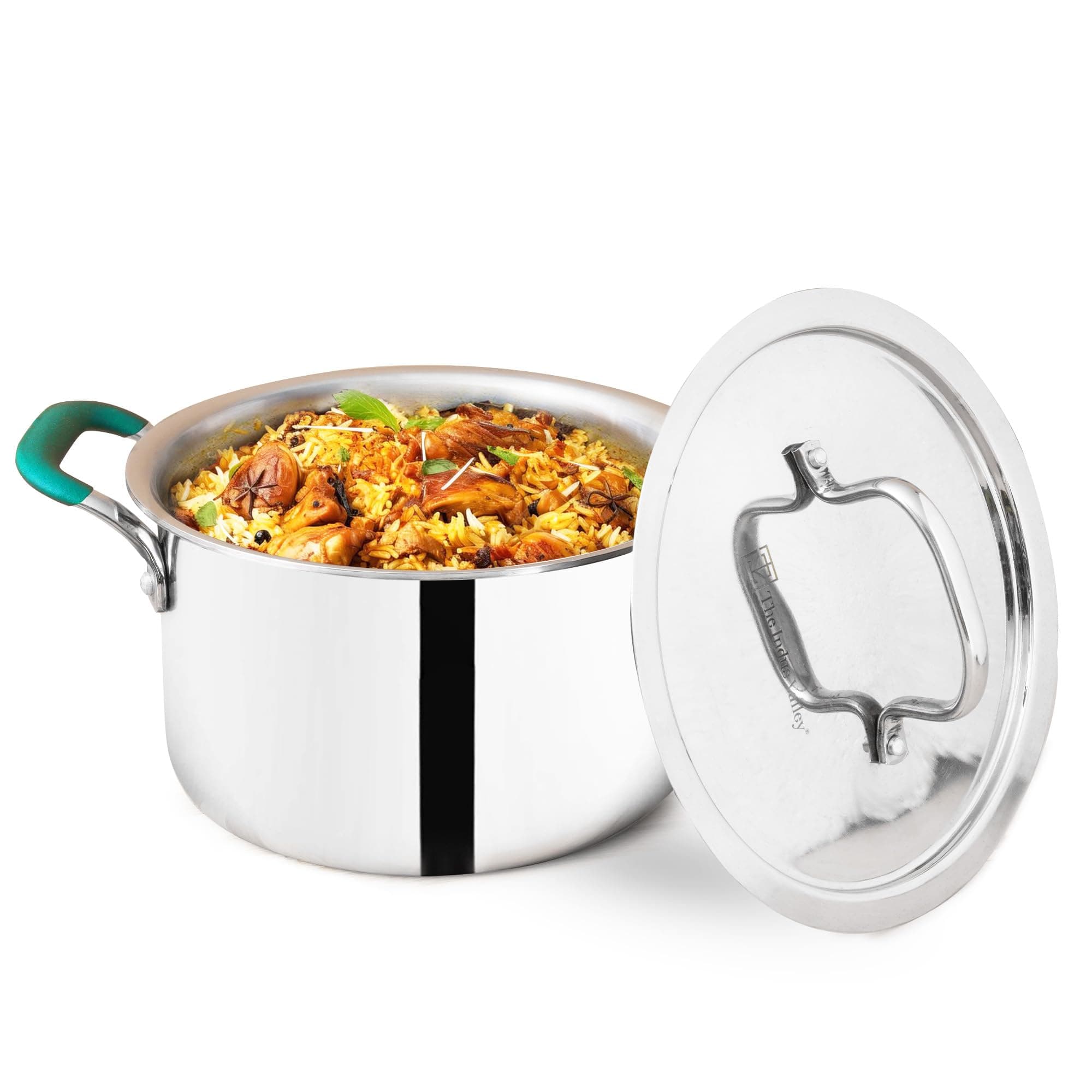 The Indus Valley Triply Stainless Steel Stock Pot/Biryani Pot/Handi/Dutch Oven with Steel Lid | Medium 21.6cm/8.5 inch, 3Ltr, 1.4kg | Induction friendly | Nonstick 3-Layer Body, 100% Pure & Toxin-free