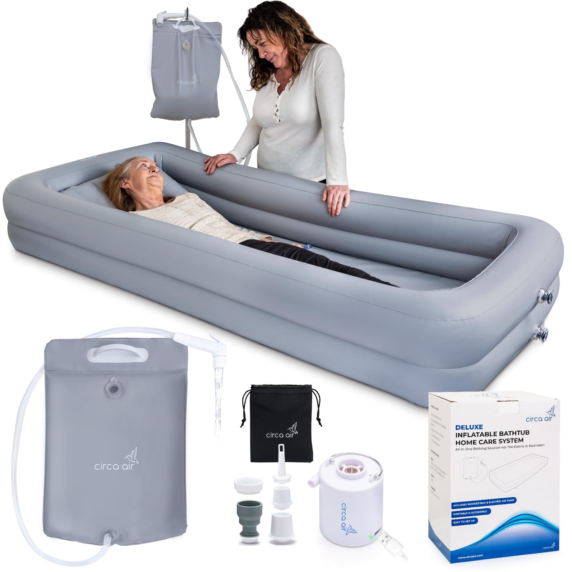 Circa Air Portable Bath Tubs Adults - Inflatable Bathtub With Bedside Shower Bag & Electric Pump, Full Body Washing In Bed, Bed Supplies, Blow Up Tub, Hair Shampoo Basin