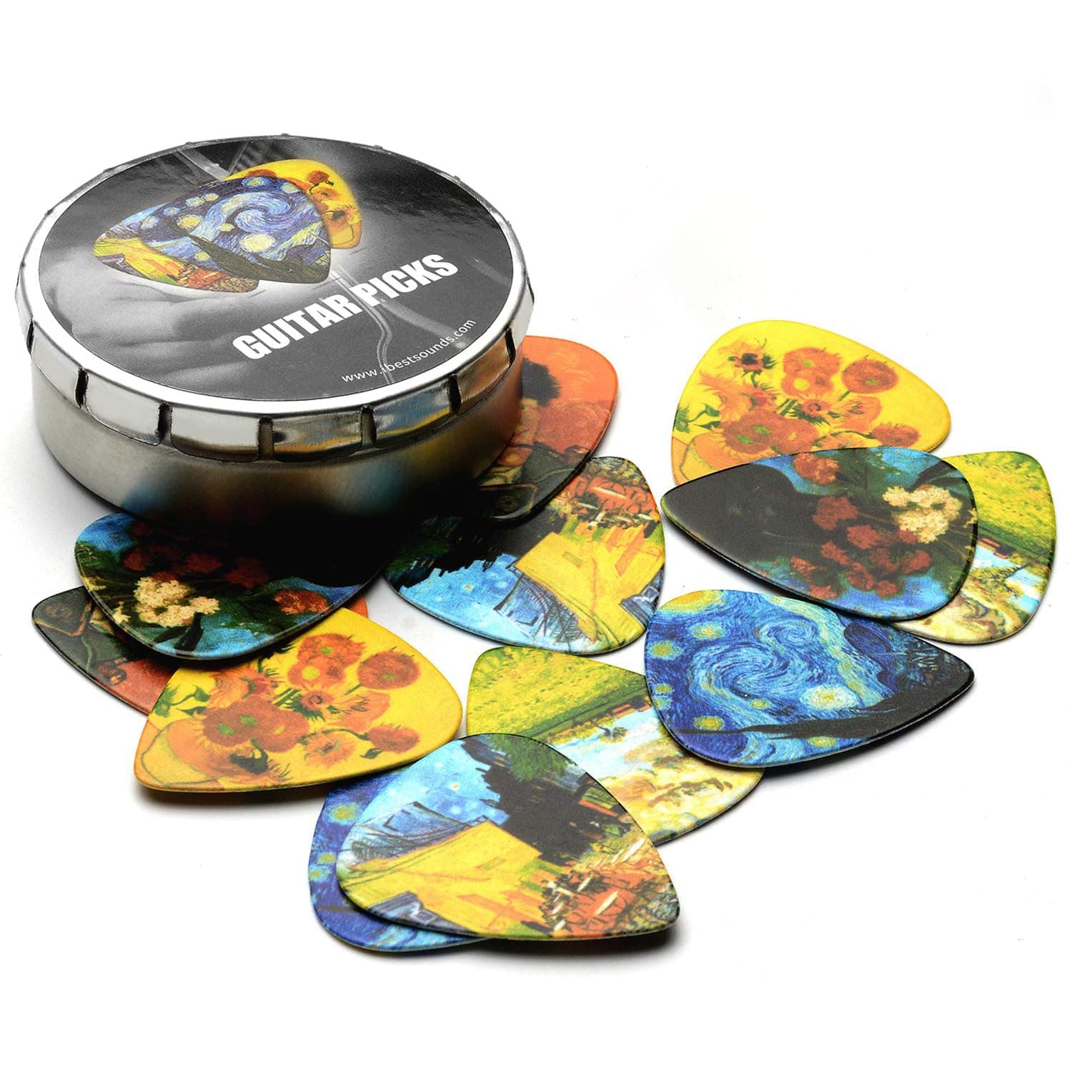 Van Gogh 12 Pack Guitar Picks with Real Leather Picks Holder - Celluloid Medium Plectrums Unique Gifts For Guitarist