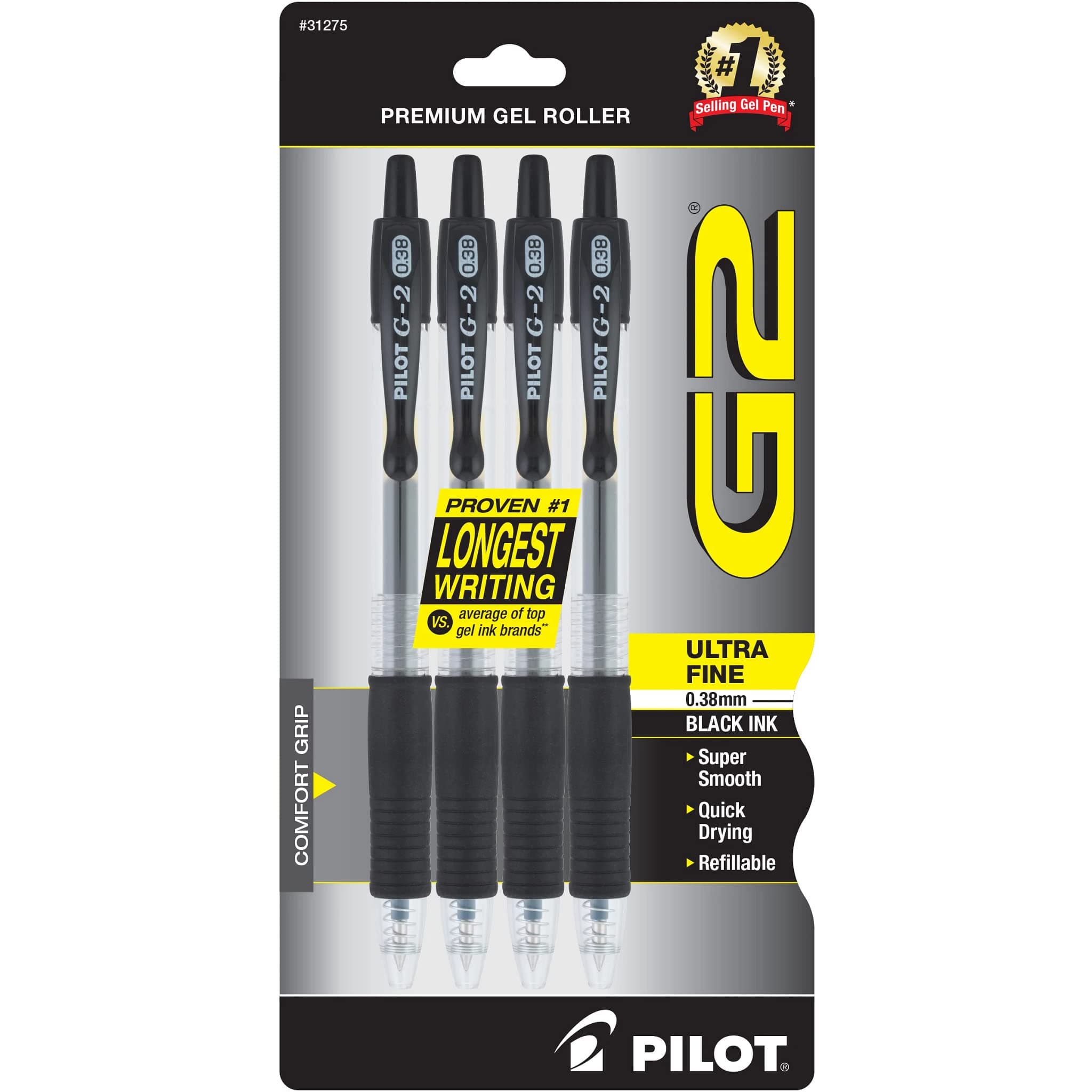 G2 Retractable Premium Gel Ink Roller Ball Pens, Ultra Fine Point, 4-Pack, Black Ink (31275)