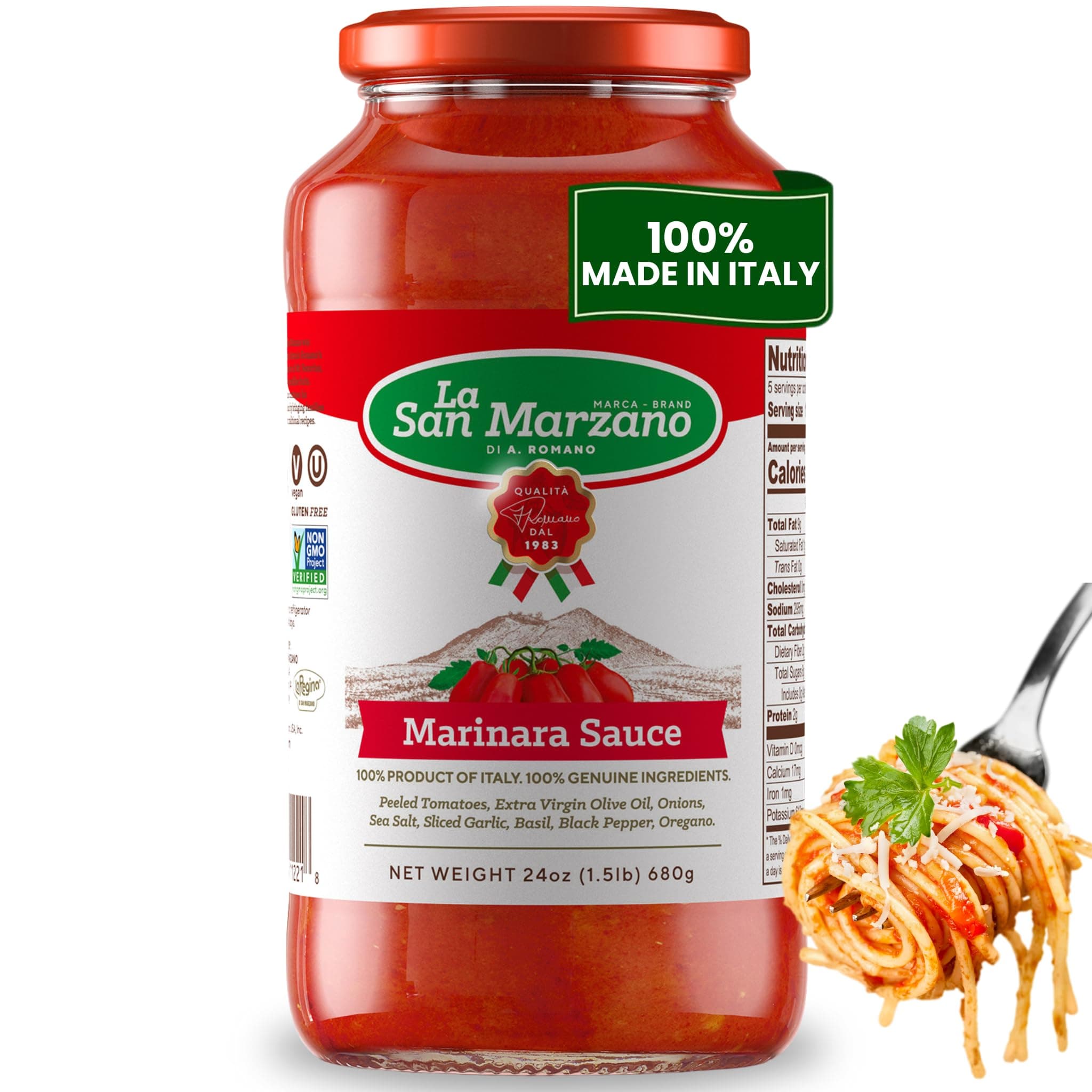 La San Marzano Marinara Sauce, 24 oz, Pasta Sauce Made in Italy, All Purpose Tomato Premium Quality, All Natural, Mediterranean Diet, Non GMO, Vegan, Gluten Free