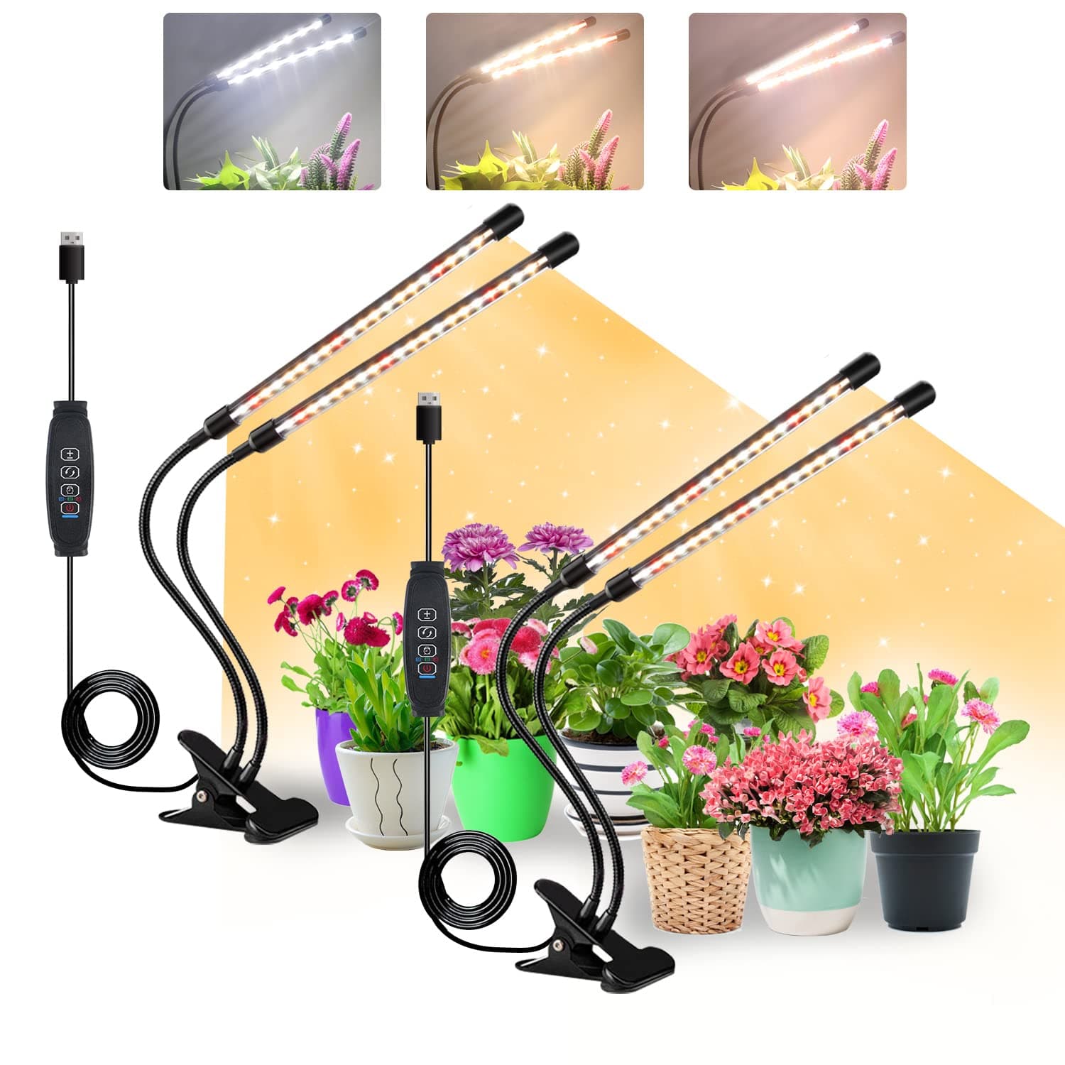 Grow Lights for Indoor Plants, Full Spectrum LED Plant Lamps with Clips and 3m Cables for Seeding Growing(2 Pack)
