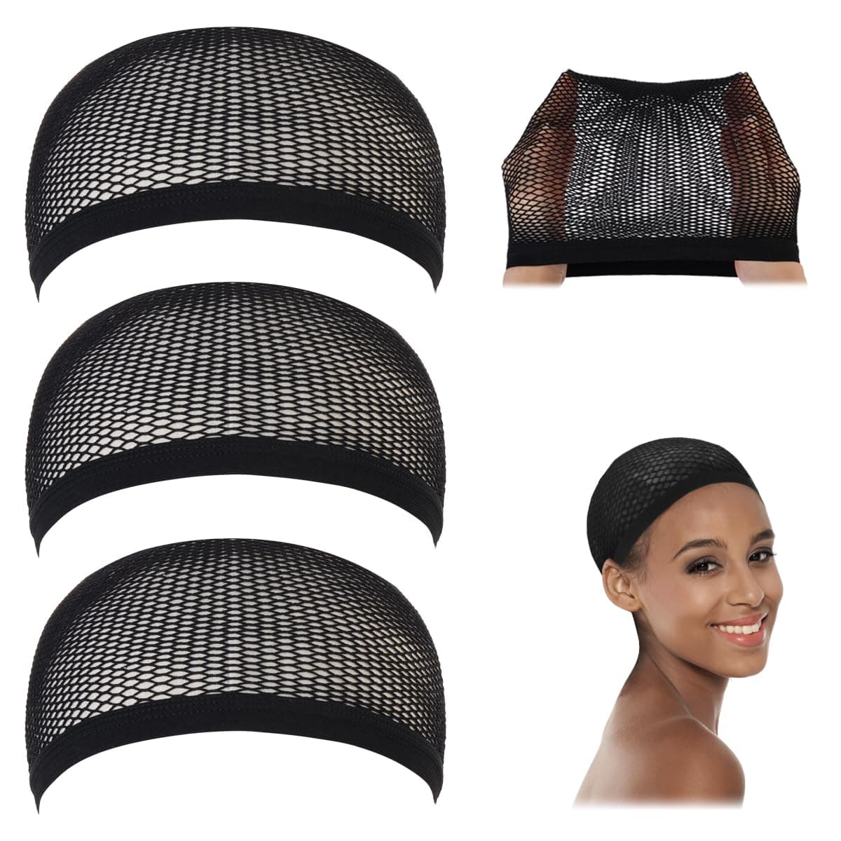 Dreamlover Black Fishnet Wig Caps, Dome Mesh Wig Caps for Women, 3 PCS