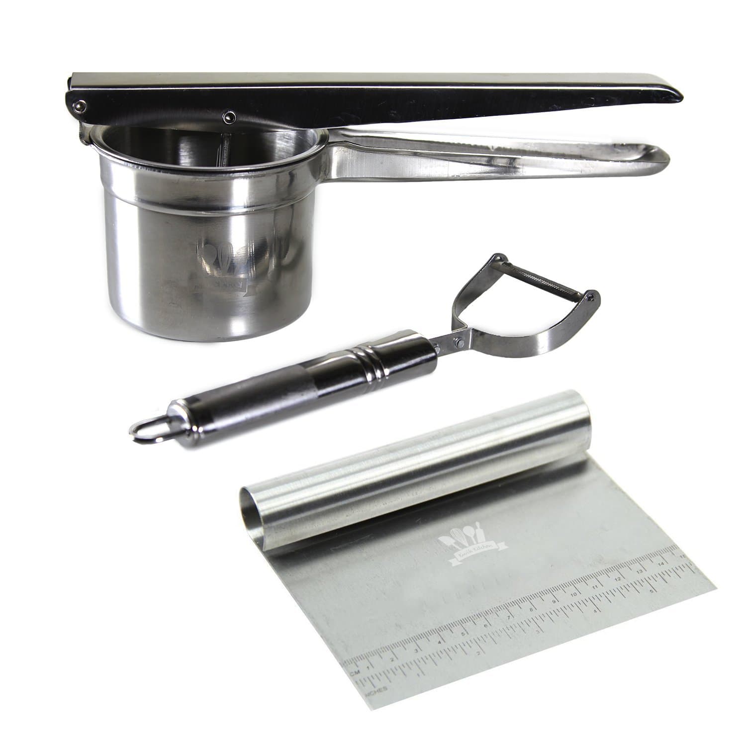 Potato Ricer / Baby Food Strainer + 2 Free Bonus Utensils By Kwik Kitchen Includes a Multi Peeler & Multi Scraper Made From Quality Stainless Steel Use On Multiple Types Of Vegetables Easy Clean Dishwasher Safe No Assembly Required Create Fluffy Creamy Potato Dishes & Healthy Baby Foods Quickly & Easily!