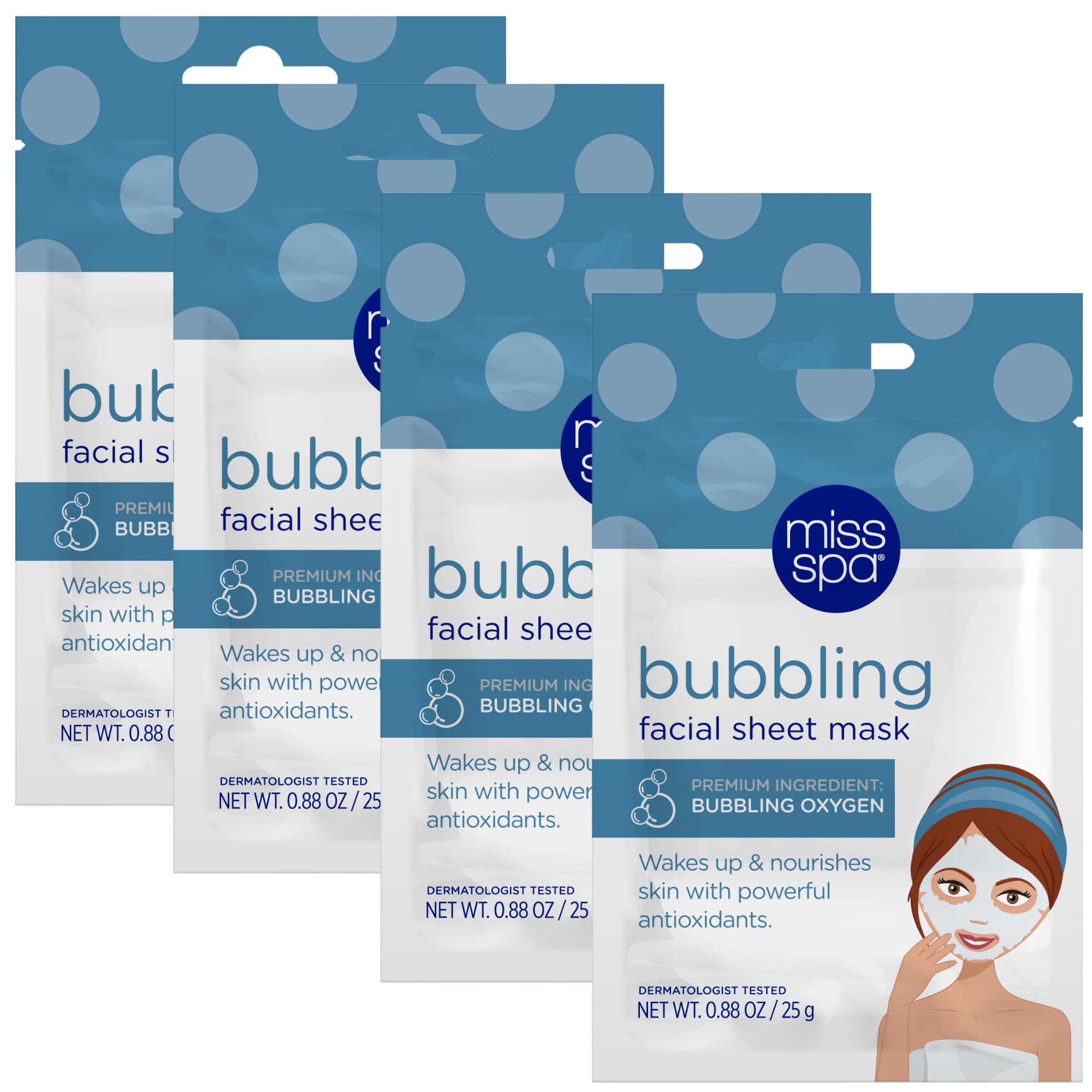 MISS SPA Bubbling Oxygen Facial Sheet Mask Set, Antioxidant-Rich Foaming Face Mask, Firmer and Younger Skin, Anti-Aging, Anti-Wrinkle, Skin Care for Women, 4-Pack