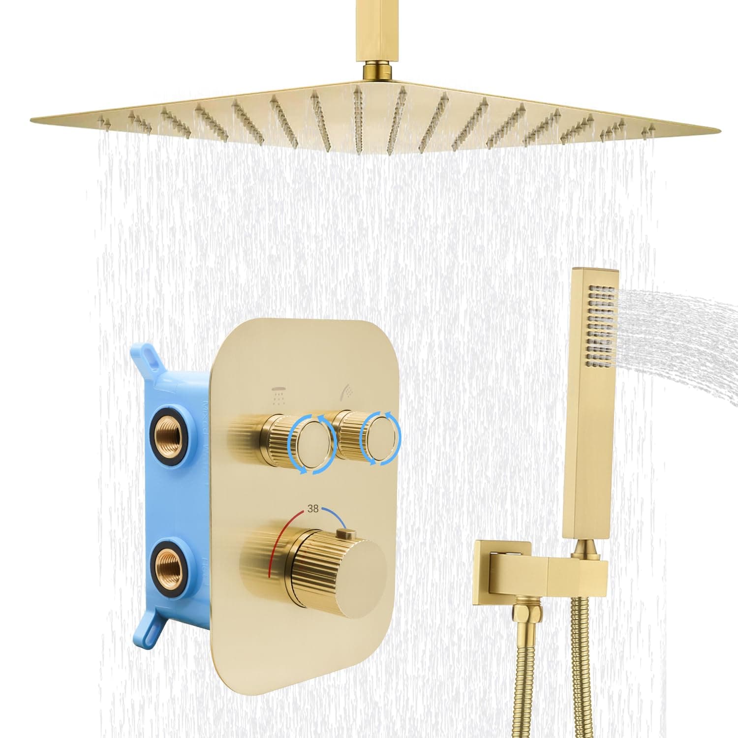 Upgraded Thermostatic Shower Mixer Set, 16 Inch Ceiling Mounted Rain Shower System Combo, Can Use 2 Functions at A Time, Brushed Gold