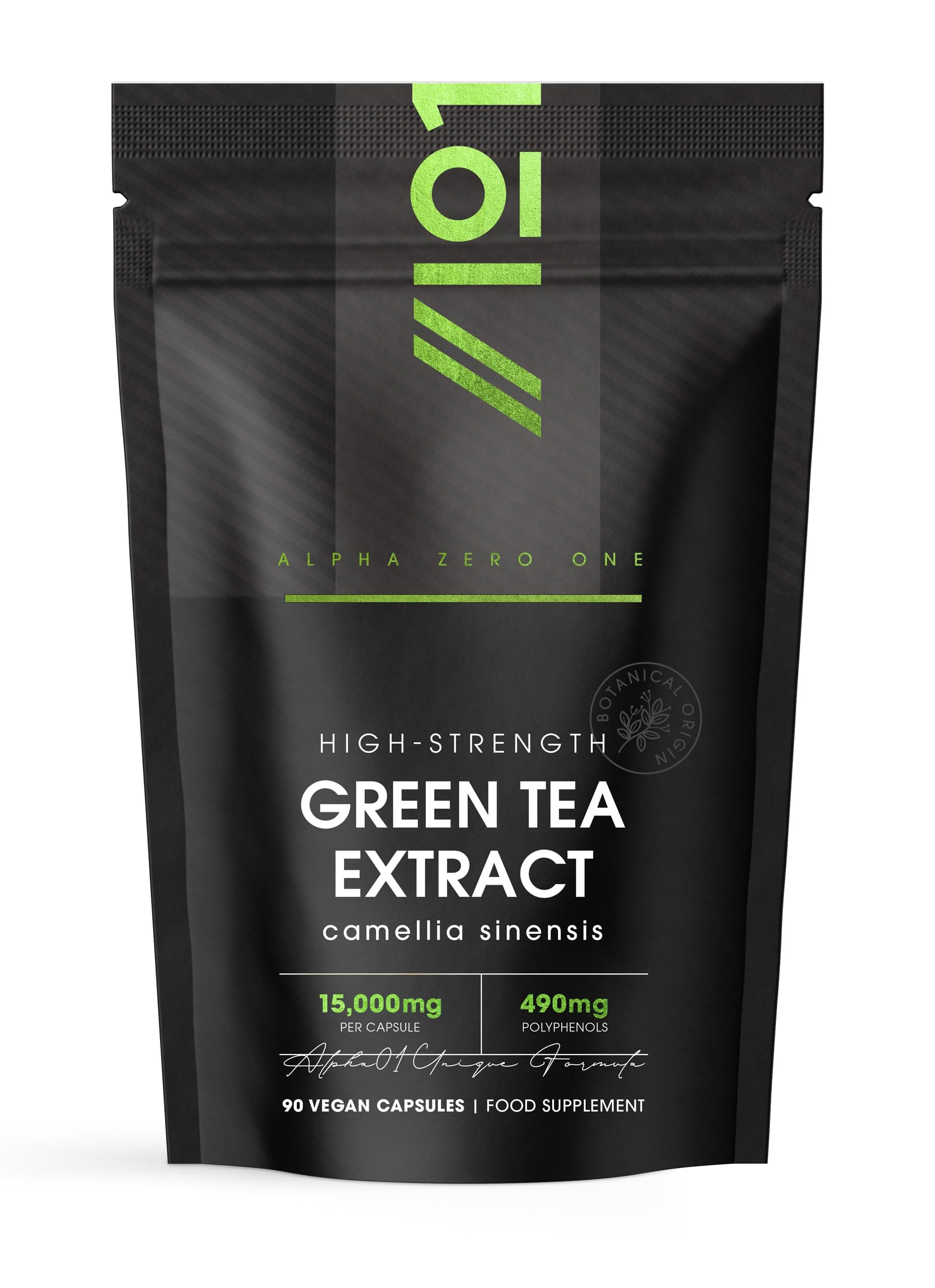 Green Tea Extract 15,000mg - 95% Polyphenols (490mg per Capsule) - 90 Vegan Capsules (3 Months Supply) - Resealable and Recyclable Pouch - By Alpha01