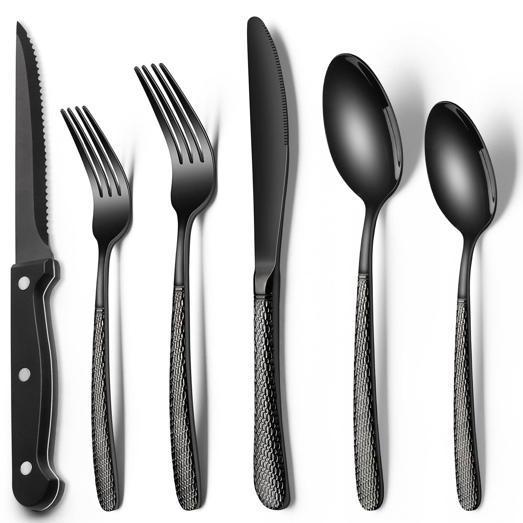 EWFEN 24-Piece Black Silverware Set with Steak Knives, Black Flatware Set for 4, Food-Grade Stainless Steel Tableware Cutlery Set, Mirror Finished Utensil Sets for Home Restaurant, Round Hammered