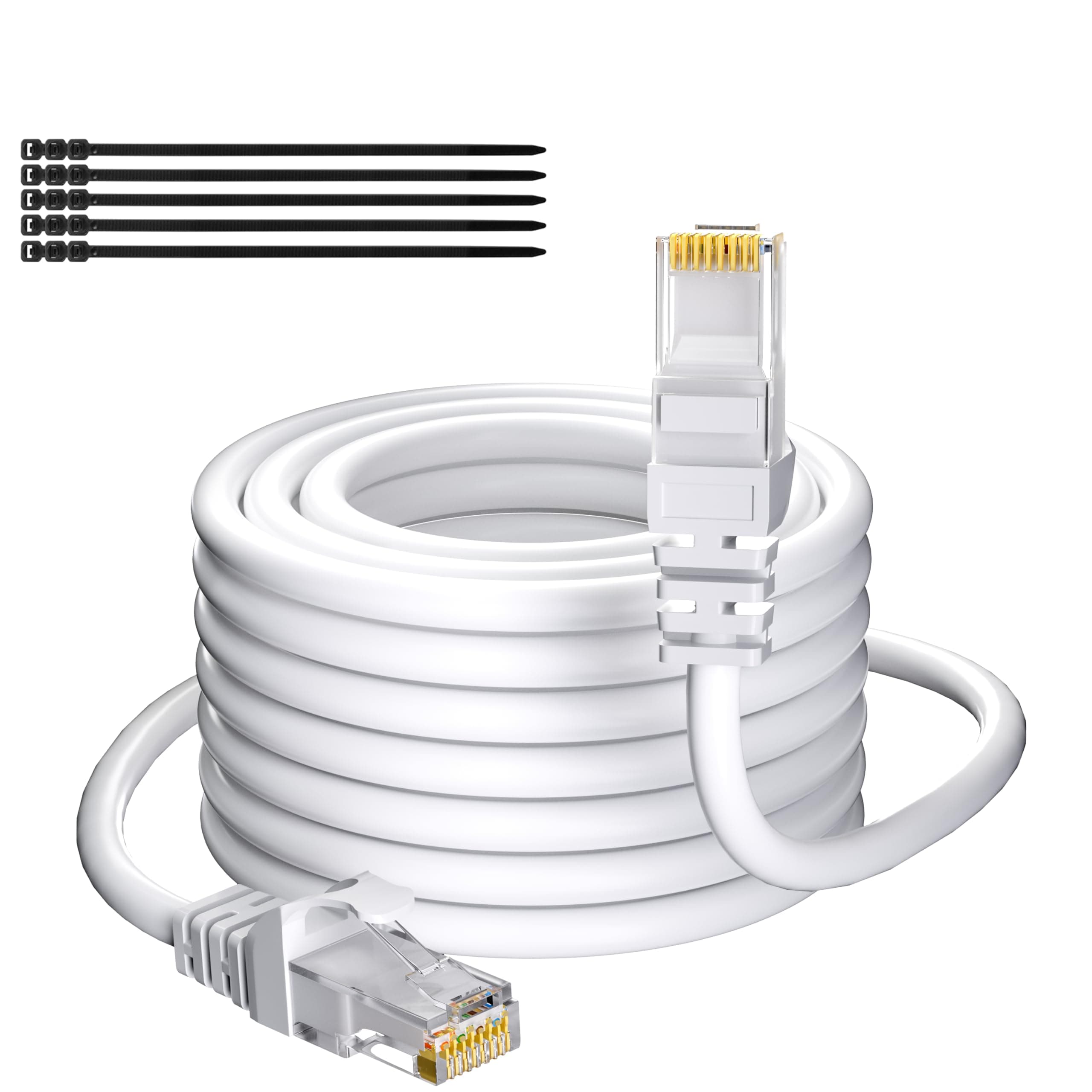 Cat 6 Outdoor Ethernet Cable 50 Ft White, Gbps High Speed Heavy Duty Internet Network Cable, CCA, for POE Camera Long Cat 5e 5 RJ45 LAN Patch Cable Cord, Sturdy Waterproof Direct Burial+ Ties