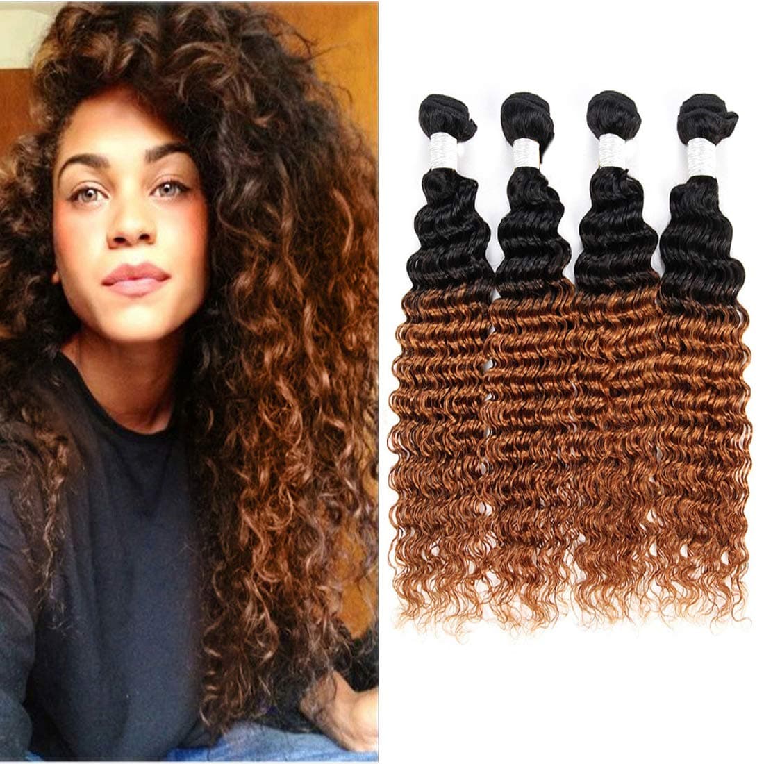 Fengde Hair 7A Ombre Brazilian Deep Wave Virgin Hair 4 Bundles 100% Unprocessed Human Hair Extensions(20202020,1B/30)