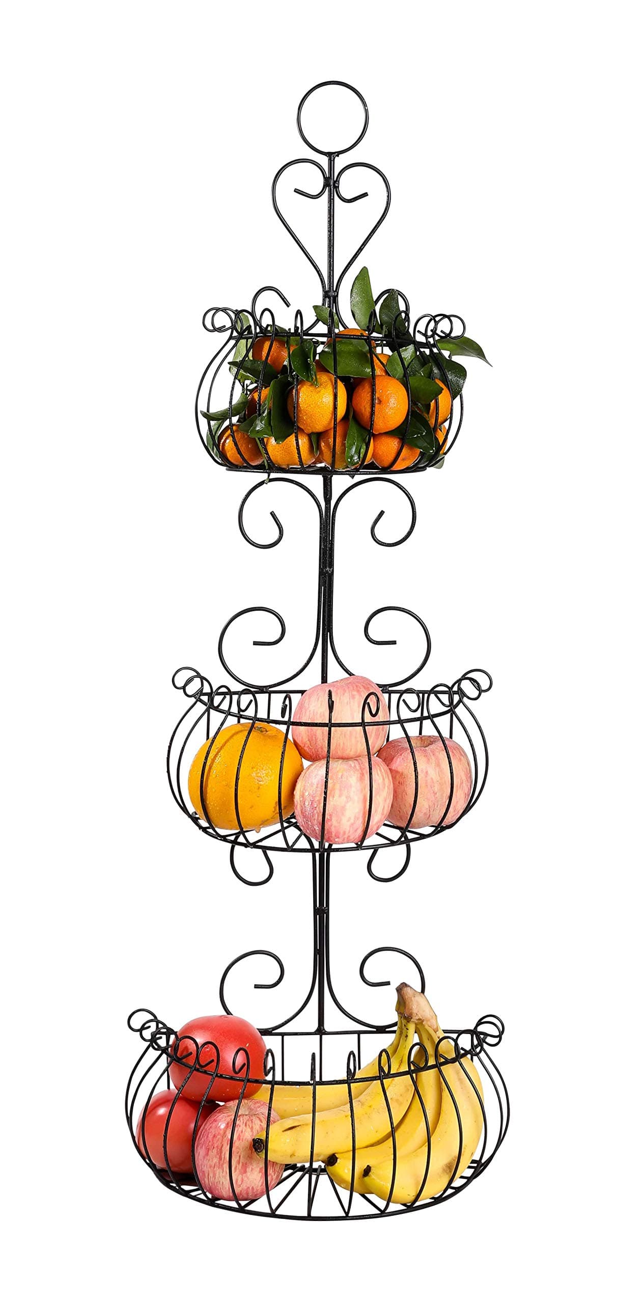 Wall Mounted 3 Tier Decorative Wire Fruit Basket - Freestanding or Hanging Kitchen Storage Rack for Fruits and Veggies, Restroom Organization, and More(Black)