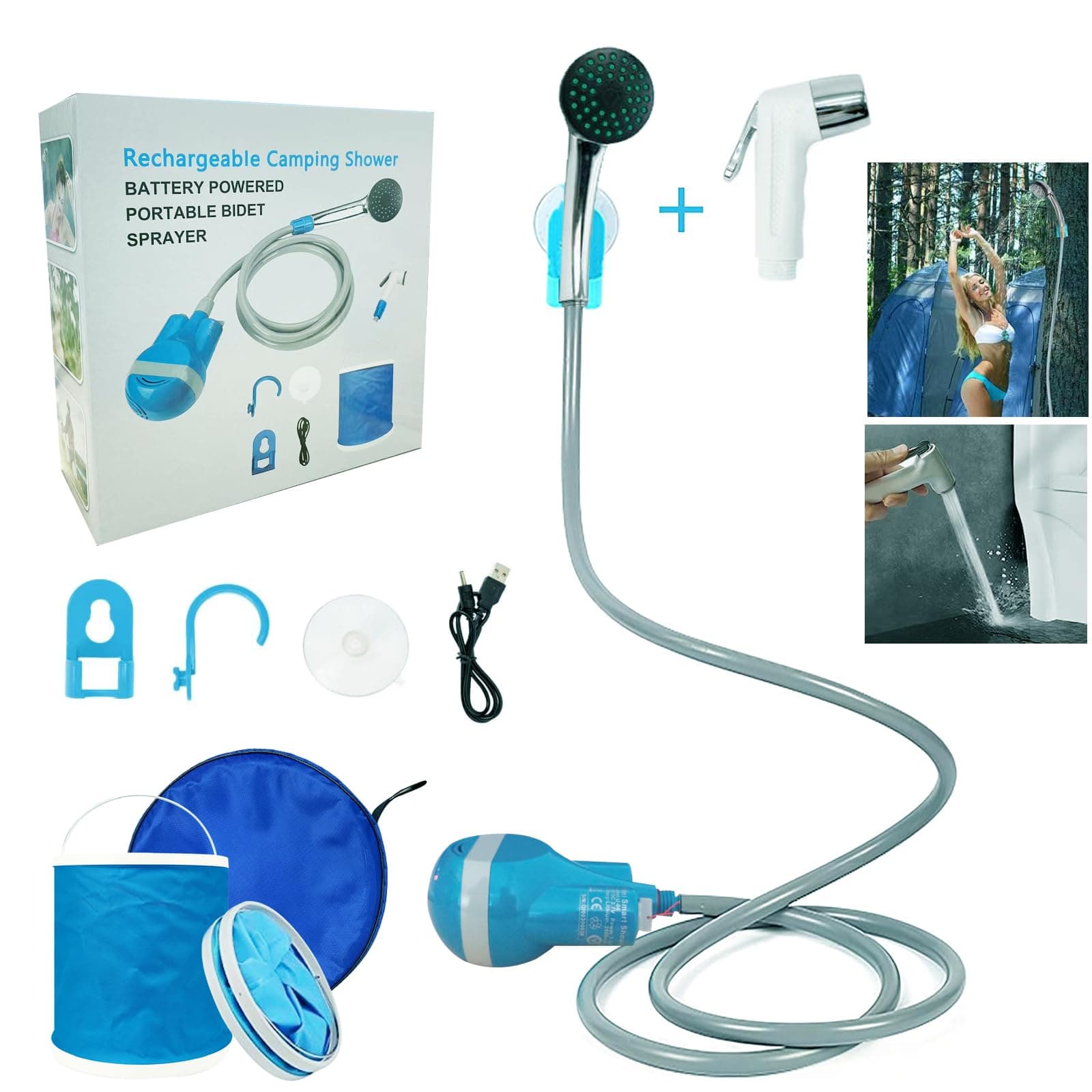 VUCATIN Portable Camping Shower, Camp Shower Outdoor Shower with Sprayer Pump Kits Electric USB Rechargeable Water Pump Shower Head Set for Travel Beach Bike Car Pet Plants