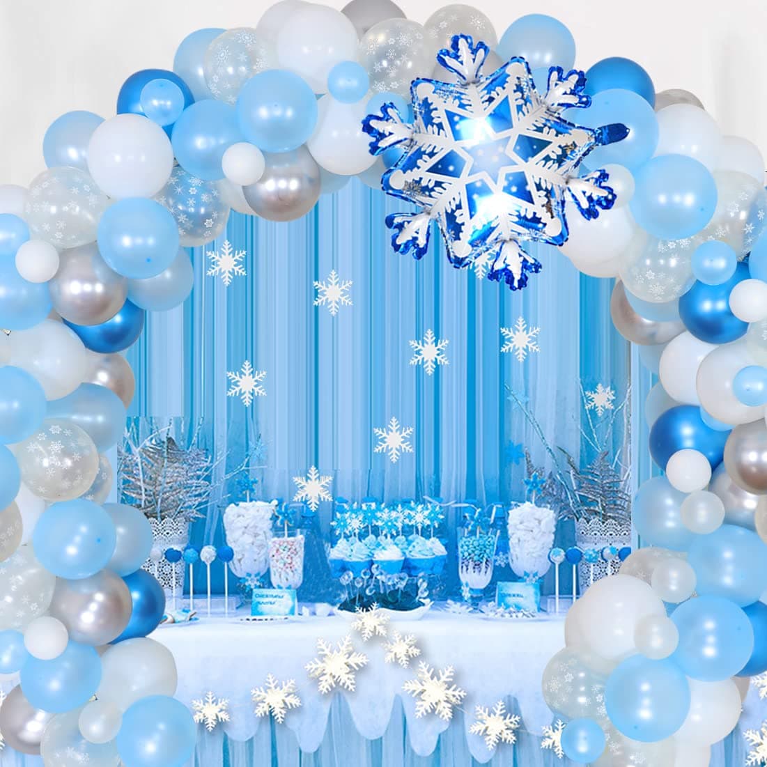 Frozen Balloon Garland Arch Kit - 90 Pack Purple Blue White Snowflake Balloons for Frozen Elsa Birthday Decorations, Baby Shower and Wedding Party Supplies