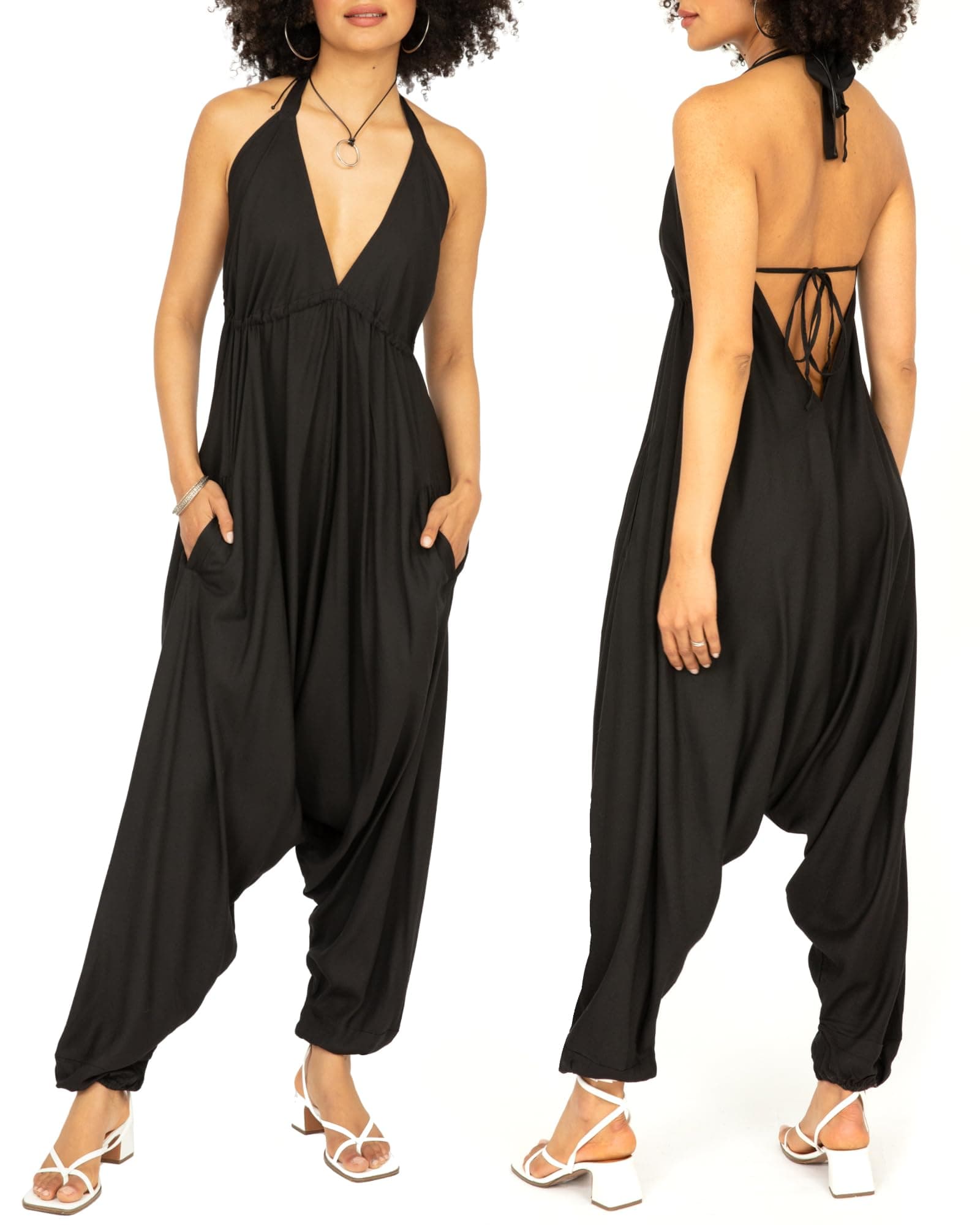 Halter Top Harem Jumpsuits for Women - Comfy One Piece Romper with Pockets - Sexy Boho Vacation Outfit for Summer