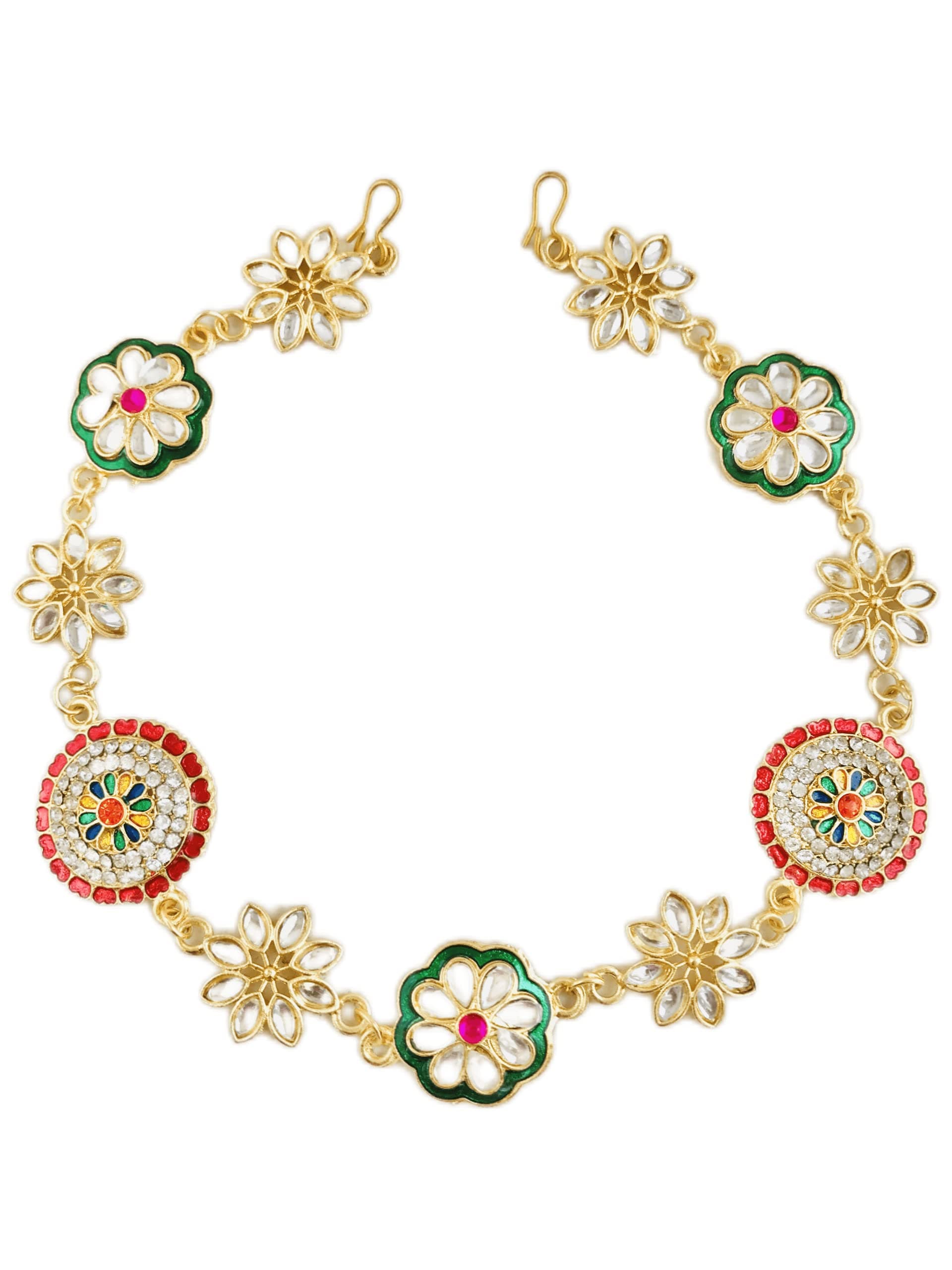 Sattyaki Gold-Plated Traditional Rajasthan Dulhan Bridal Heavy Sheeshphool Mathapatti in AD/CZ and Minakari For Women and Girls