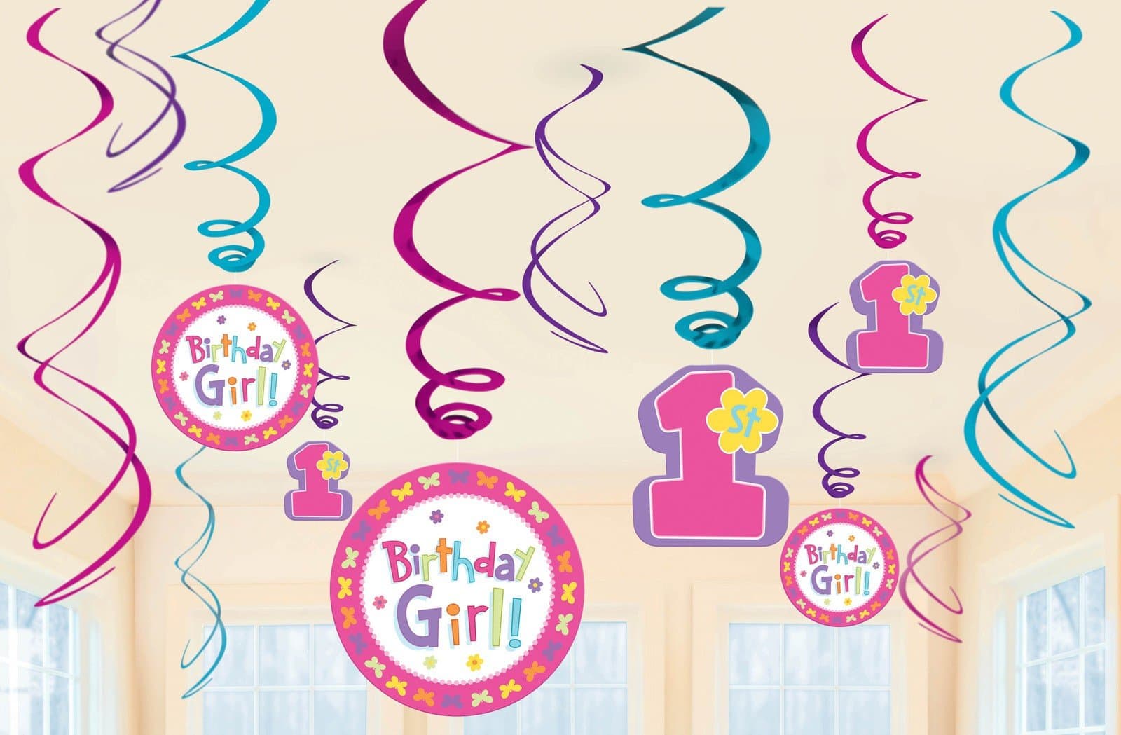 1st Birthday Girl 'Hugs and Stitches' Hanging Swirl Decorations (12pc)