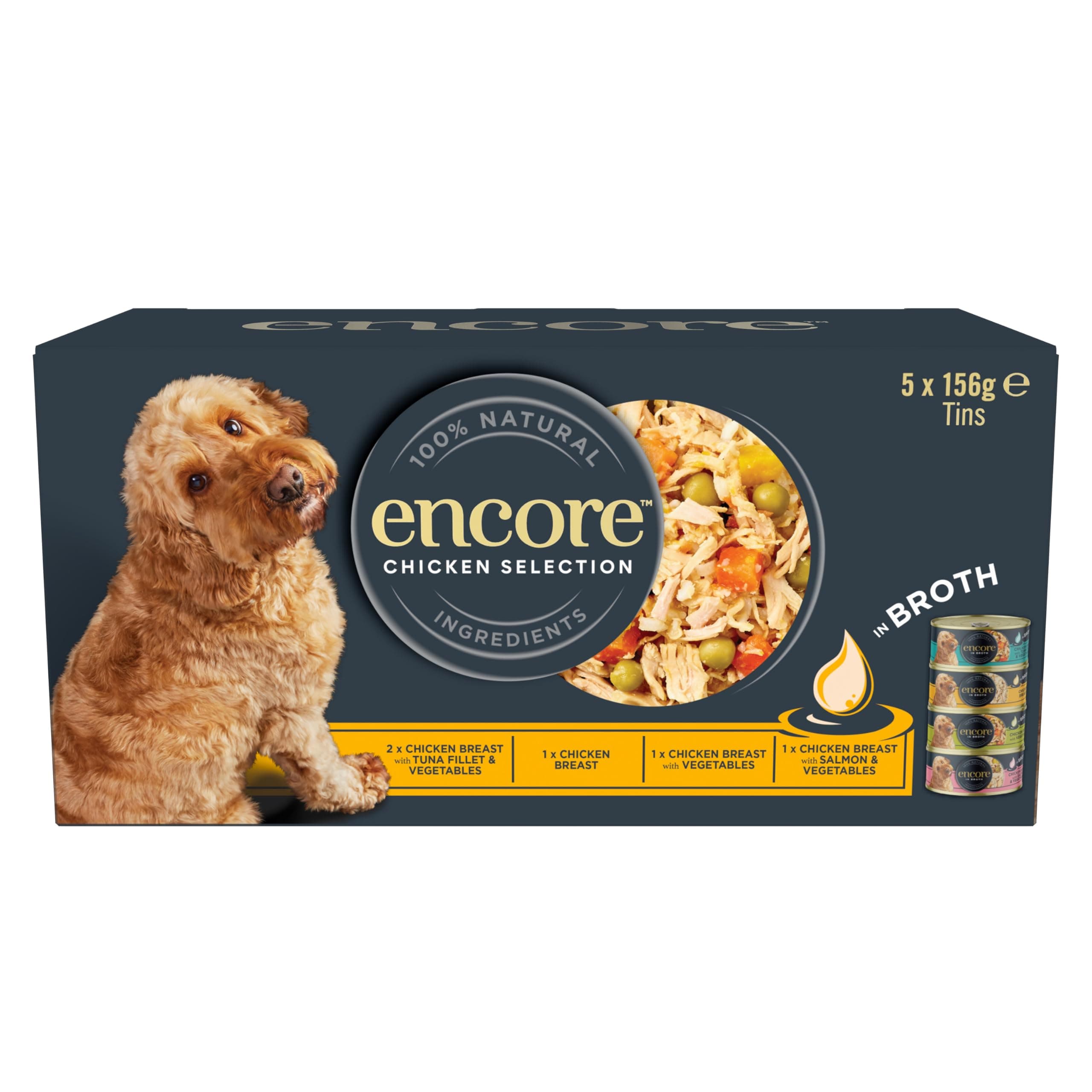Encore 100 Percent Natural Adult Wet Dog Food, Chicken and Fish Selection Multipack in Broth 156g Tin (5 x 156g Tins)