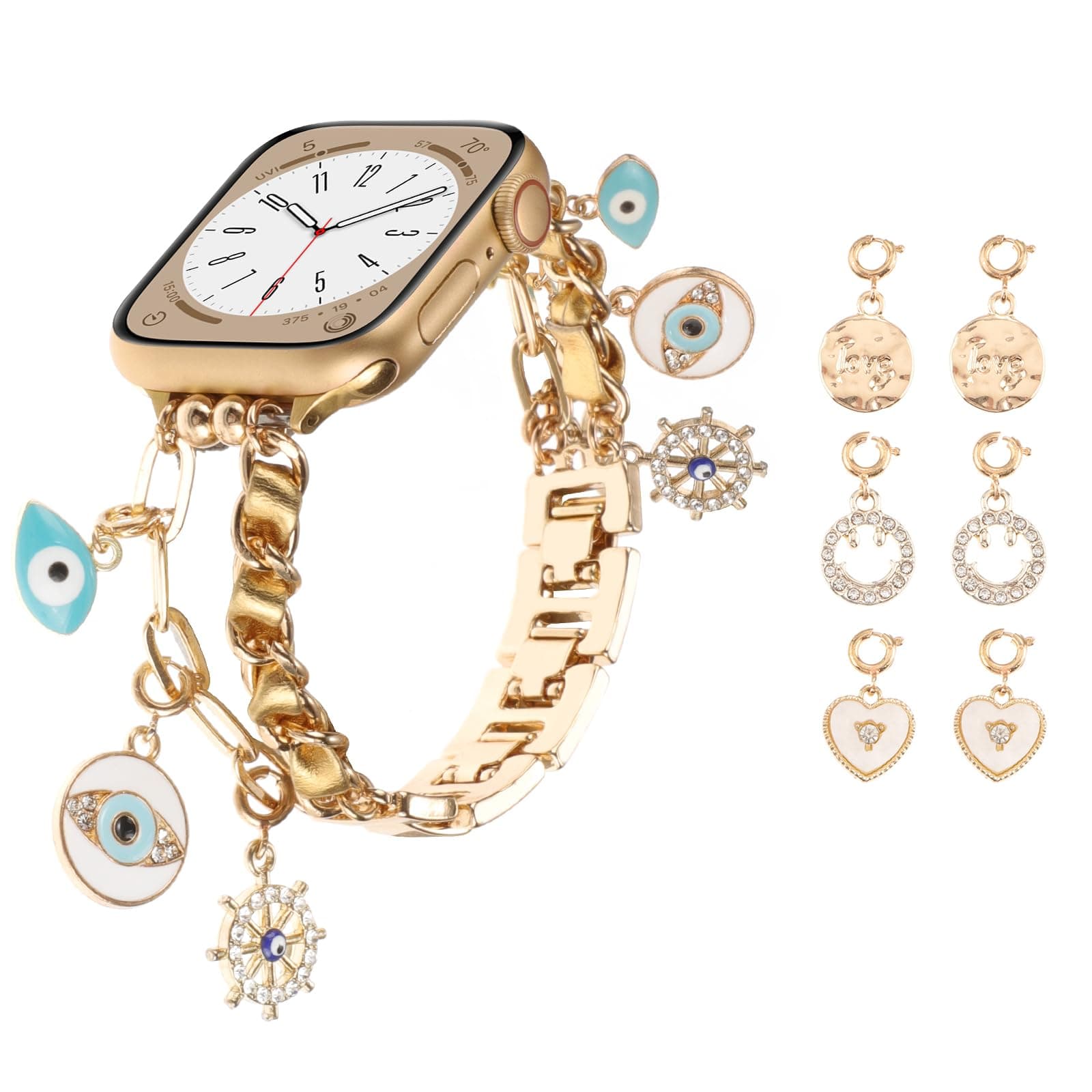 REALSIGN Stylish Wristband Compatible with Apple Watch Band 38mm 40mm 41mm 42mm 44mm 45mm 49mm,Cute Strap with Interchangeable Pendants Evil Eye Love for iWatch Series 9 Ultra 8 7 6 5 4 3 2 1 SE